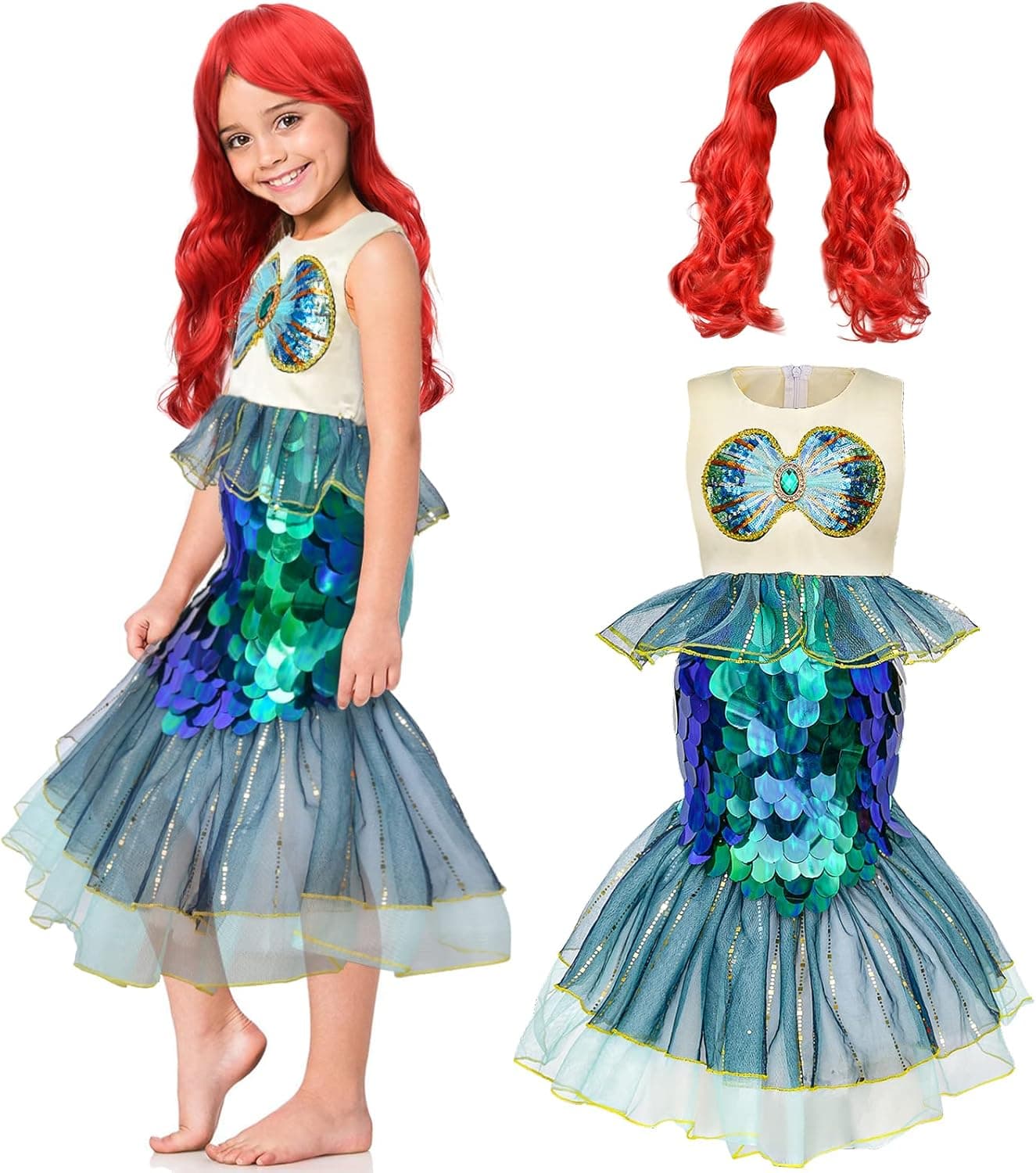 Latocos Little Mermaid Ariel Halloween Costumes for Girls Princess Dress Up with Red Wig 3-10 Years Kids Cosplay Gift