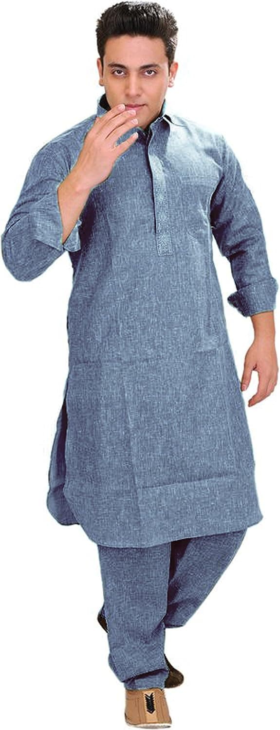 Exotic India Plain Pathani Kurta Salwar with Thread Embroidery on Neck - Pure Cotton