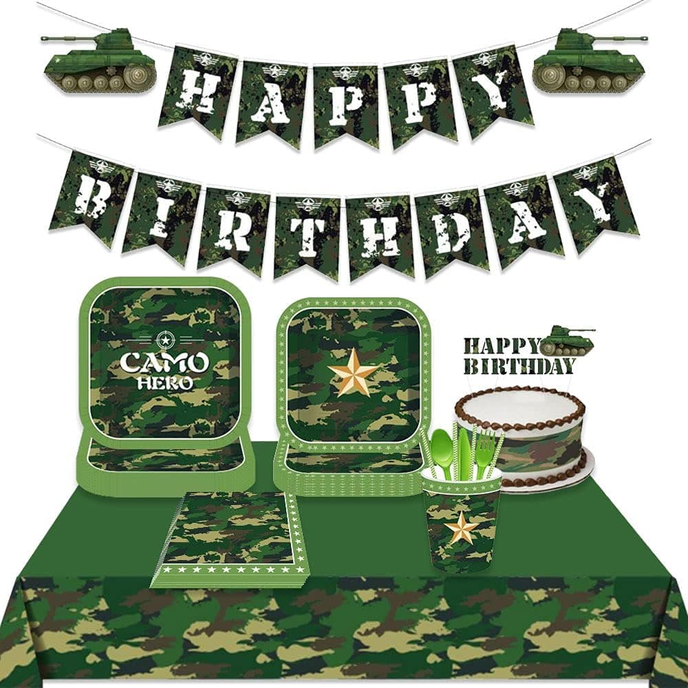 LaVenty 34 PCS Camo Hero Birthday Party Supplies Camouflage Party Supplies Camouflage Birthday Banner Camouflage Birthday Cake Topper Camouflage Party Plates