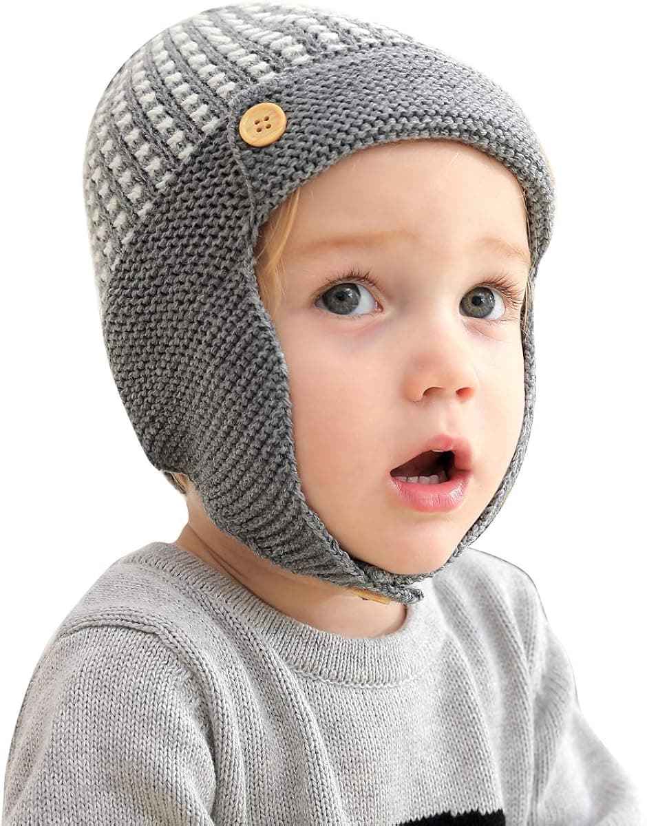 ROSEBEAR Baby Winter Hat Dotted Bonnet Toddler Warm Knitted Earflap Beanie Hat Grey, 3-6 Months