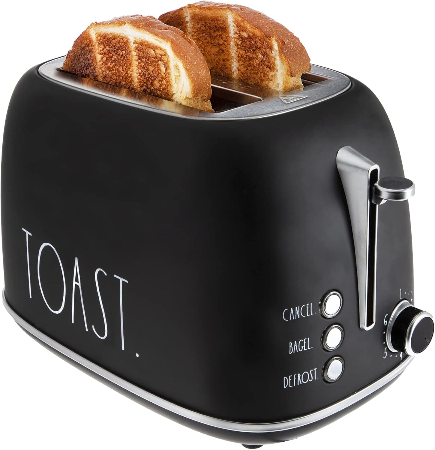 Rae Dunn Retro Rounded Bread Toaster, 2 Slice Stainless Steel Toaster with Removable Crumb Tray, Wide Slot with 6 Browning Levels, Bagel, Defrost and Cancel Options (Black)