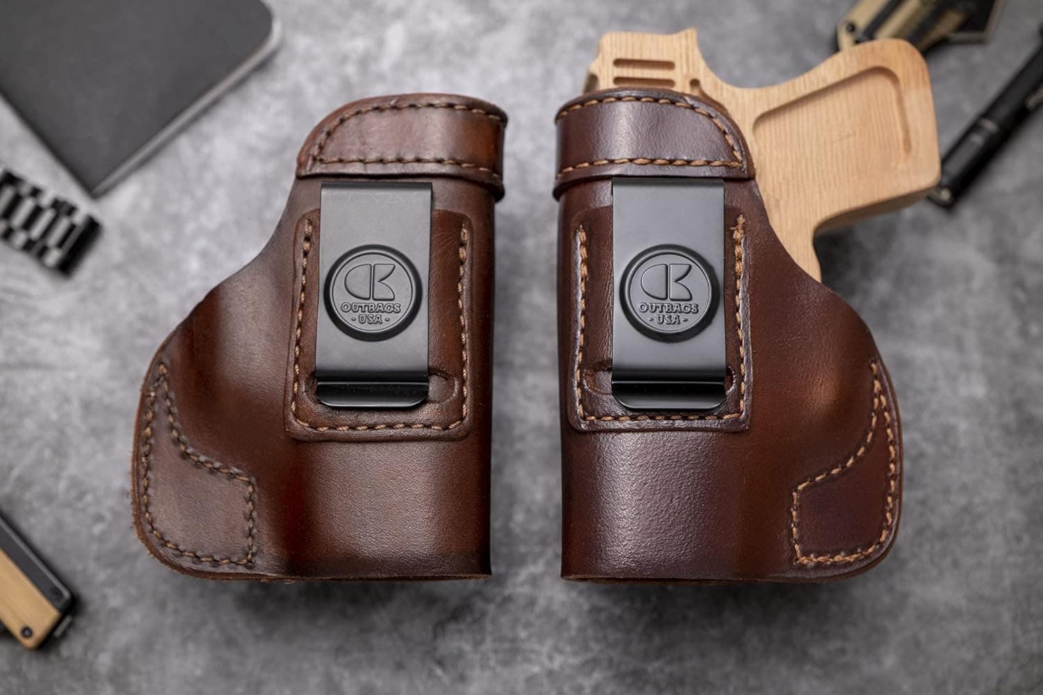 OUTBAGS USA LS2MIL (Brown-Left) Full Grain Heavy Leather IWB Conceal Carry Gun Holster for Taurus Millennium PT111 9mm, G2, G2C, G2S. Handcrafted in USA.