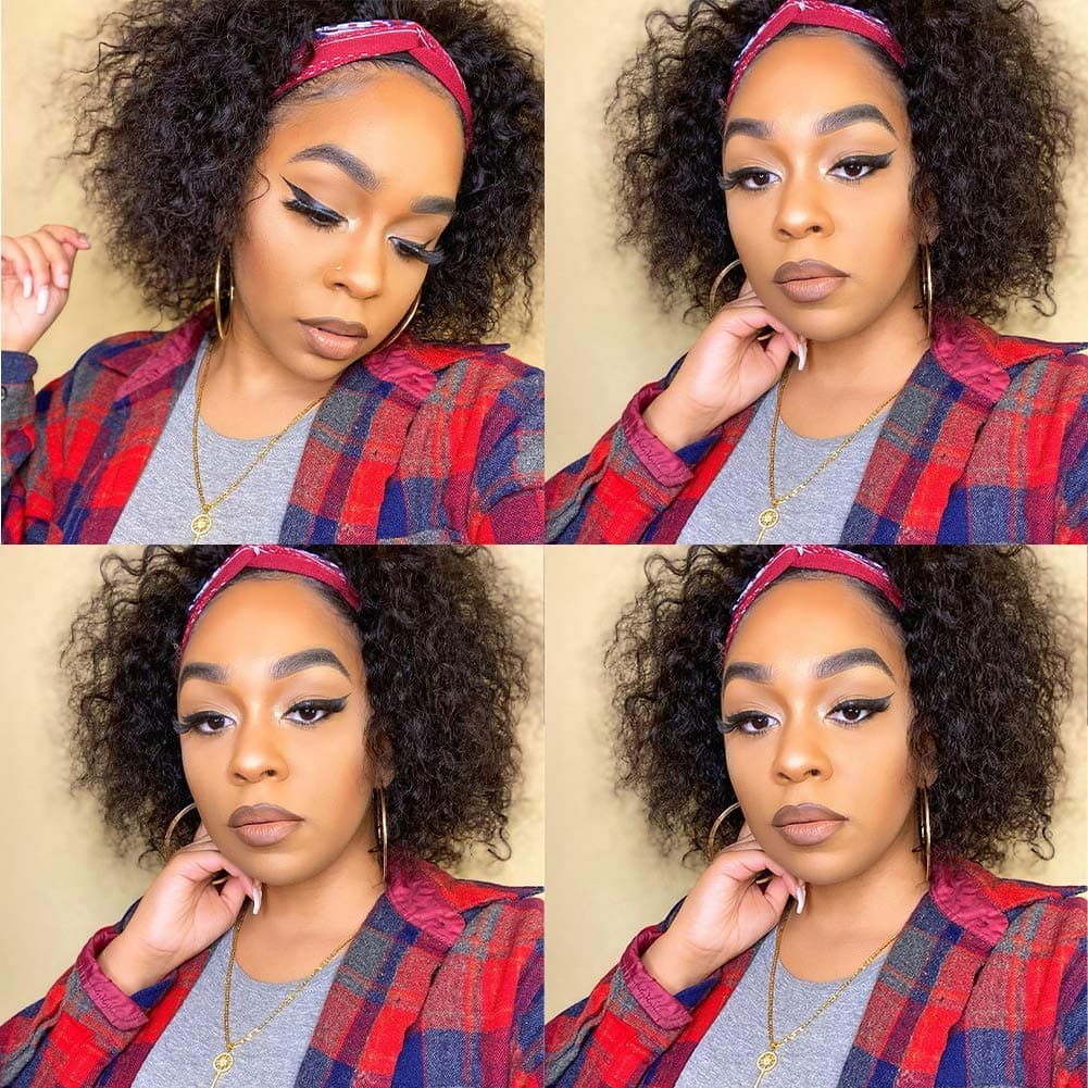 Short Curly Headband Wig Human Hair Wigs for Black Women, Brazilian 10A Virgin Human Hair Water Wave None Lace Front Wigs Glueless Wigs 150% Density Natural Color (12 Inch)