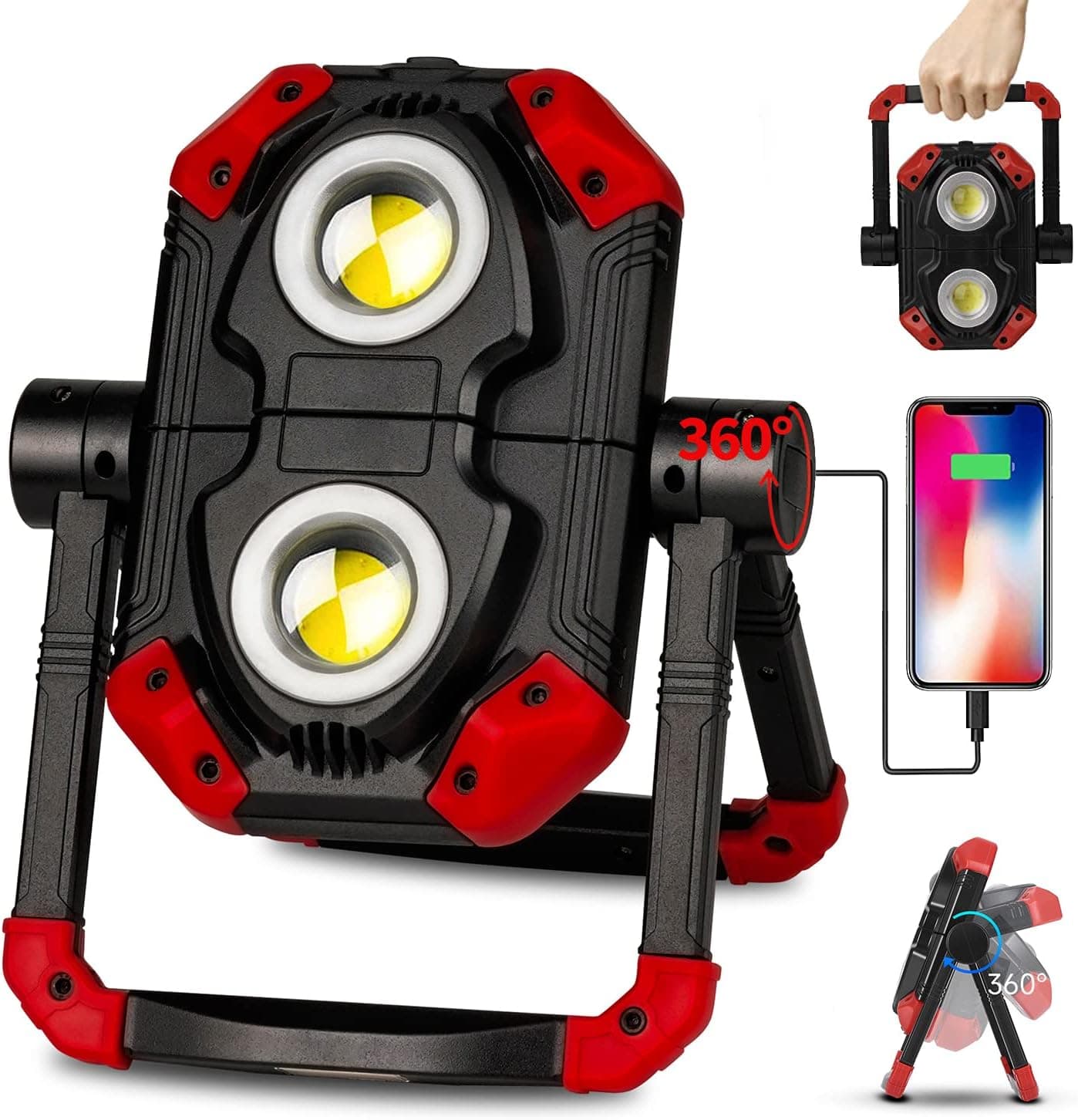 LED Work Light Rechargeable, 2 COB 2500LM Folding Portable Flood Light with Magnetic Base and 360° Rotation Stand, Waterproof Spotlights for Camping, Car Repairing, Emergency and Job Site Lighting