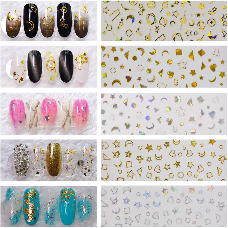Lingnia 5 Sheets Self-adhesive 3D Moon Star Universal Nail Art Stickers, Metallic Gold and Silver Moon Star Heart Triangle Nail Art Decals for DIY Manicure