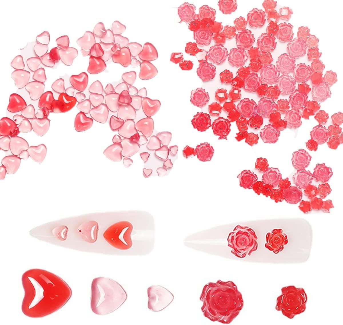 SUKPSY 200 Pcs 3D Heart Flower Nail Art Charms Change Color in The Light Nail Art Decoration Mix Size Nail Rhinestone Glitter for Girls Women