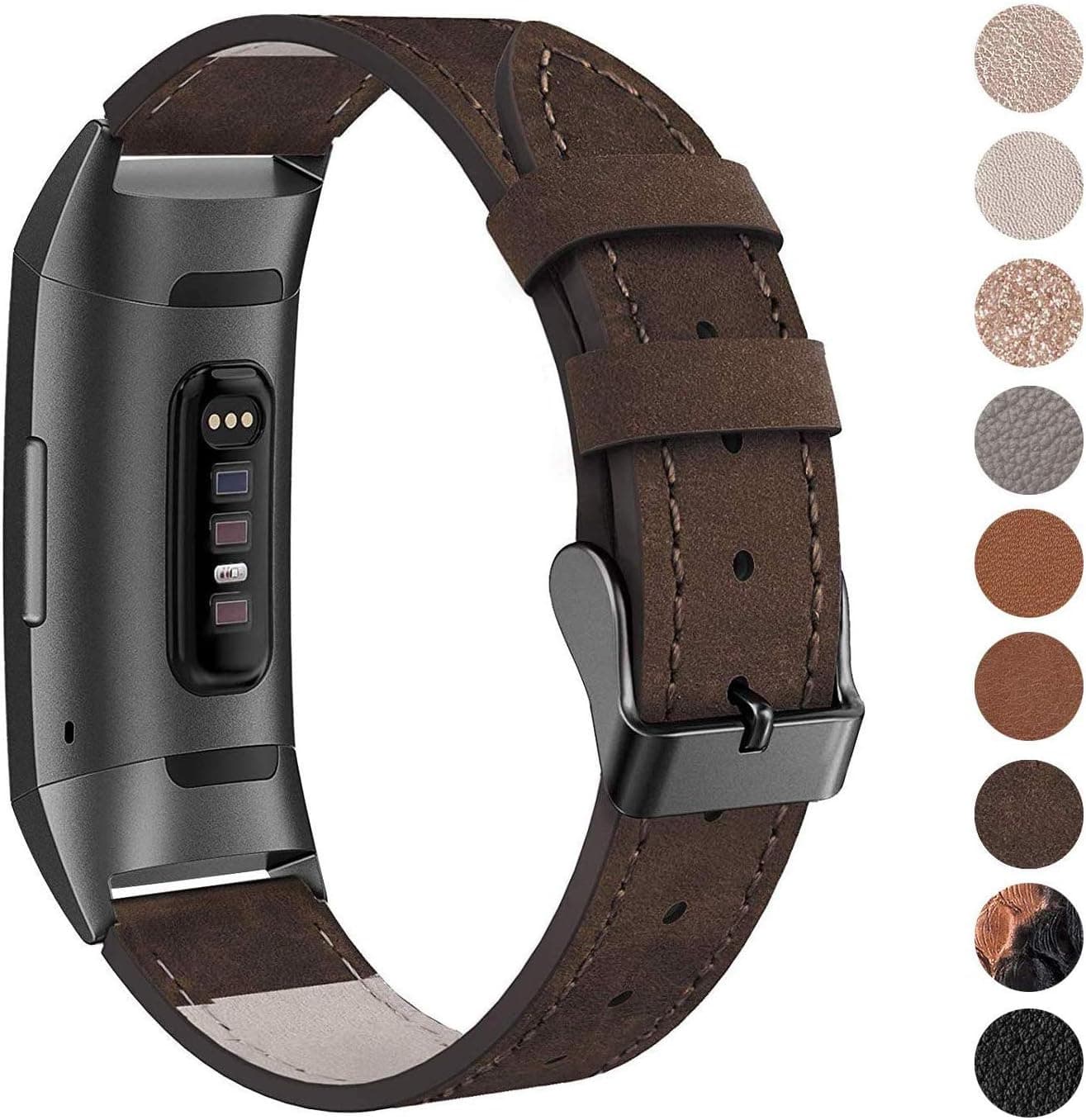 SWEES Leather Bands Compatible for Fitbit Charge 4, Charge 3 & Charge 3 SE Fitness Tracker, Genuine Leather Band Strap Wristband Replacement for Women Men Small Large, Black, Rose Gold, Beige, Brown