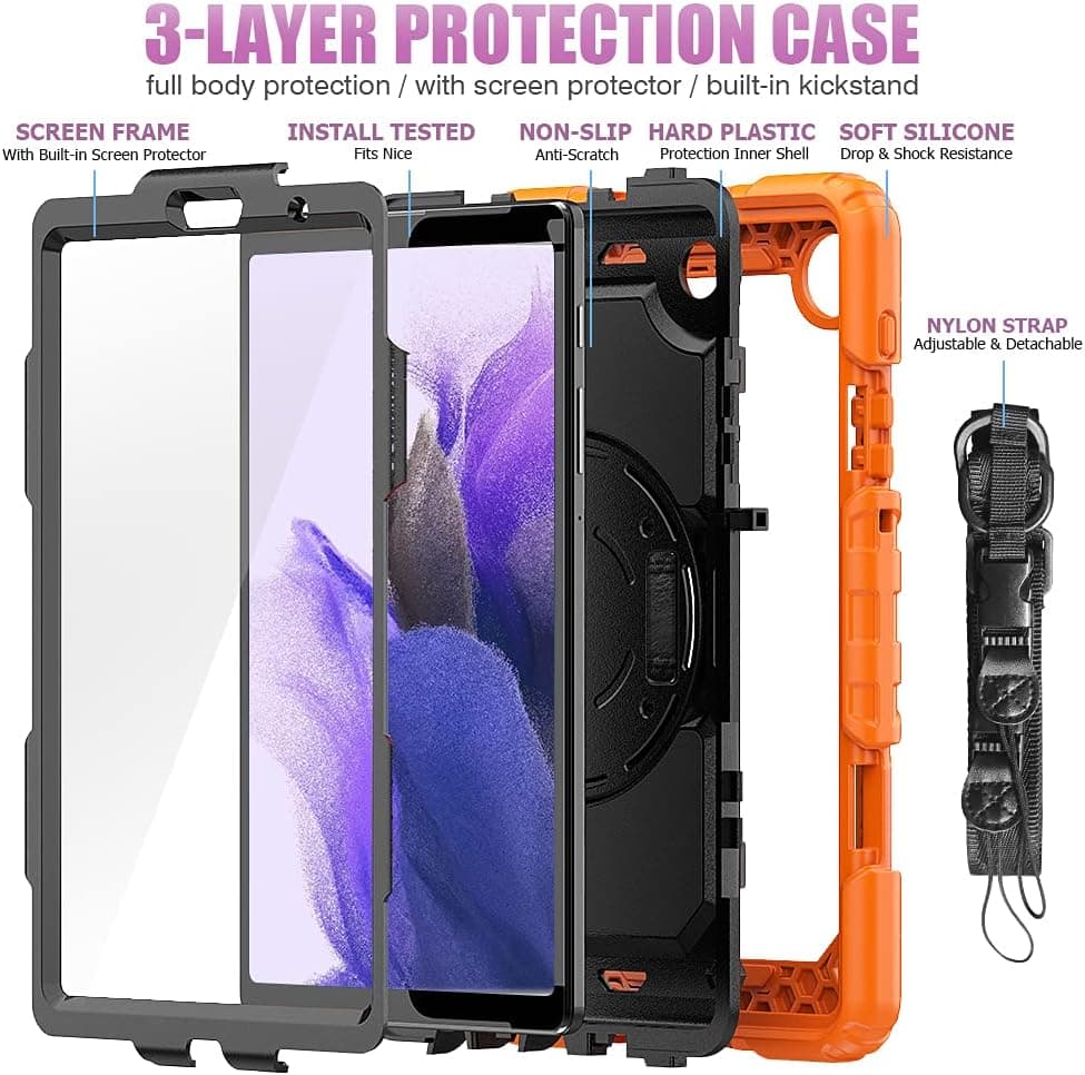 CLARKCAS Samsung Galaxy Tab A7 Lite Case 8.7 inch 2021(SM-T220/T225), with Screen Protector Pencil Holder Kids Shockproof Rugged Silicone Cover 360 Stand Hand Strap for Galaxy Tablet A7 lite,Orange