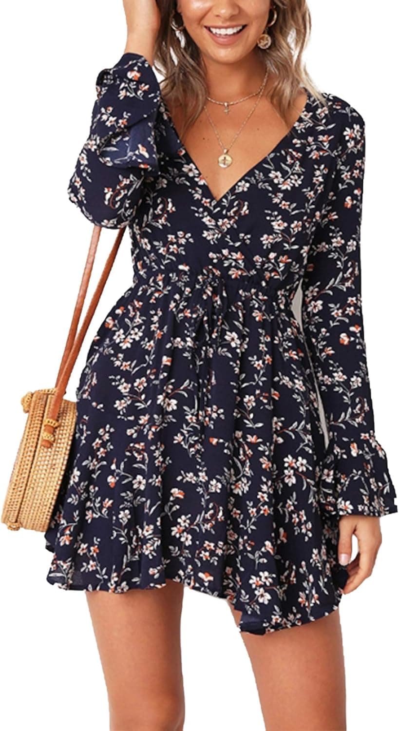Relipop Women's Dress Floral Printed V-Neck Flared Long Sleeve Ruffle Hem Short Dresses with Drawstring