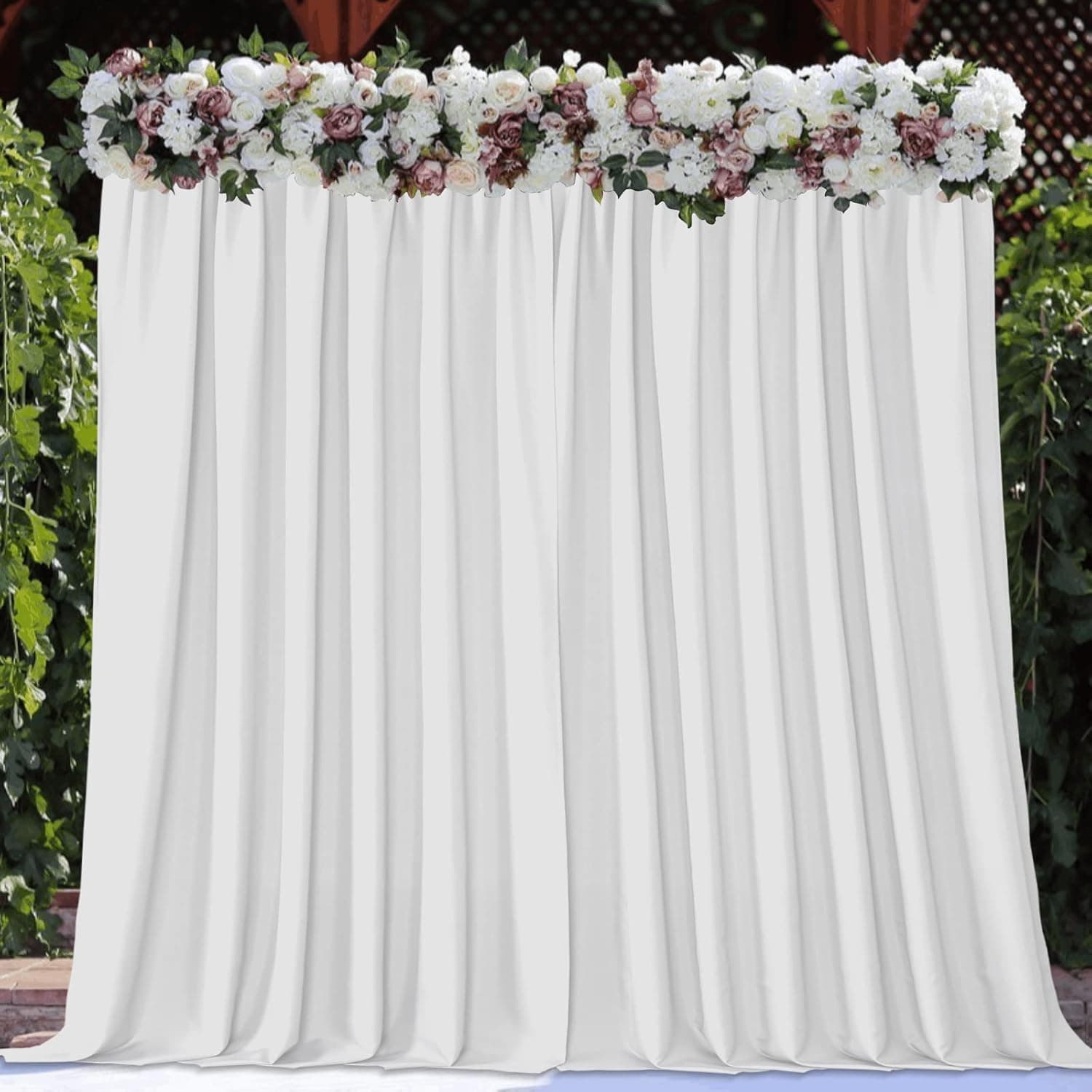 Joydeco White Backdrop Curtains for Wedding Parties, Photography Backdrop Drapes for Wedding Decorations Birthday, Wrinkle Free Polyester 5ft*10ft Fabric Drape 2 Panels with Rod Pockets