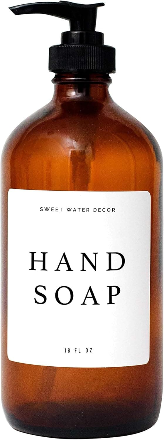 Sweet Water Decor Amber Glass Jar Refill Hand Soap Dispenser | 16 oz Refillable Bottle with Pump | White Waterproof Label with Black Text | Rustic, Modern, Farmhouse Gift (Hand Soap)
