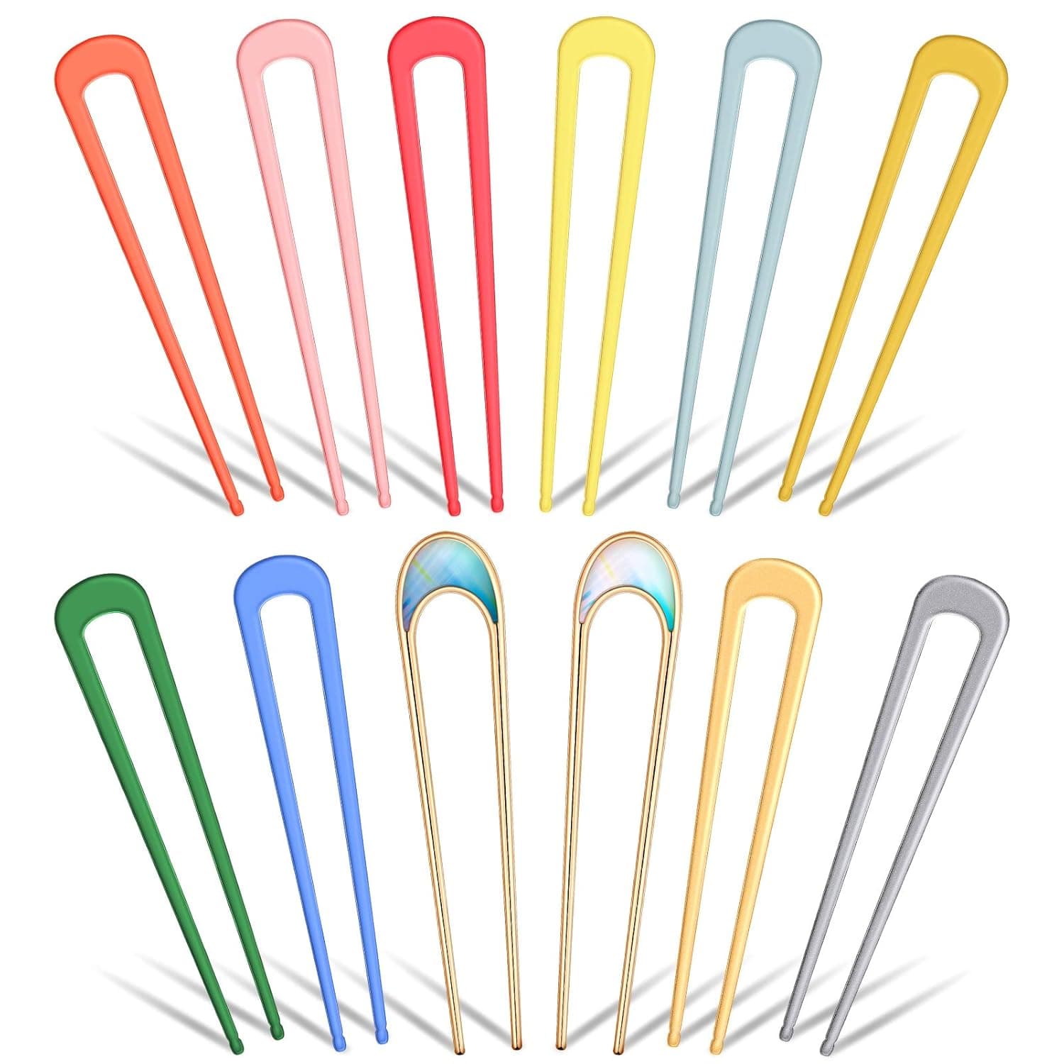 12 Pieces U Shaped Hairpin Metal Colorful Simple French Style Hair Stick Fork 2 Prongs Updo Chignon Pins for Women Girls Buns, Hair Styling Accessories, 12 Colors