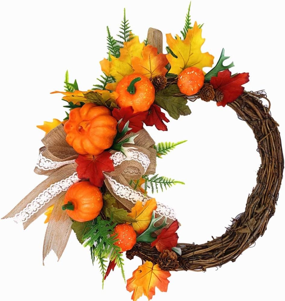 uHousDeco Fall Wreath, Autumn Pumpkin Maple Leaf Wreath, Harvest Thanksgiving Garland Silk Flower Wreath with Pinecone, Linen Bow, 16 Inch