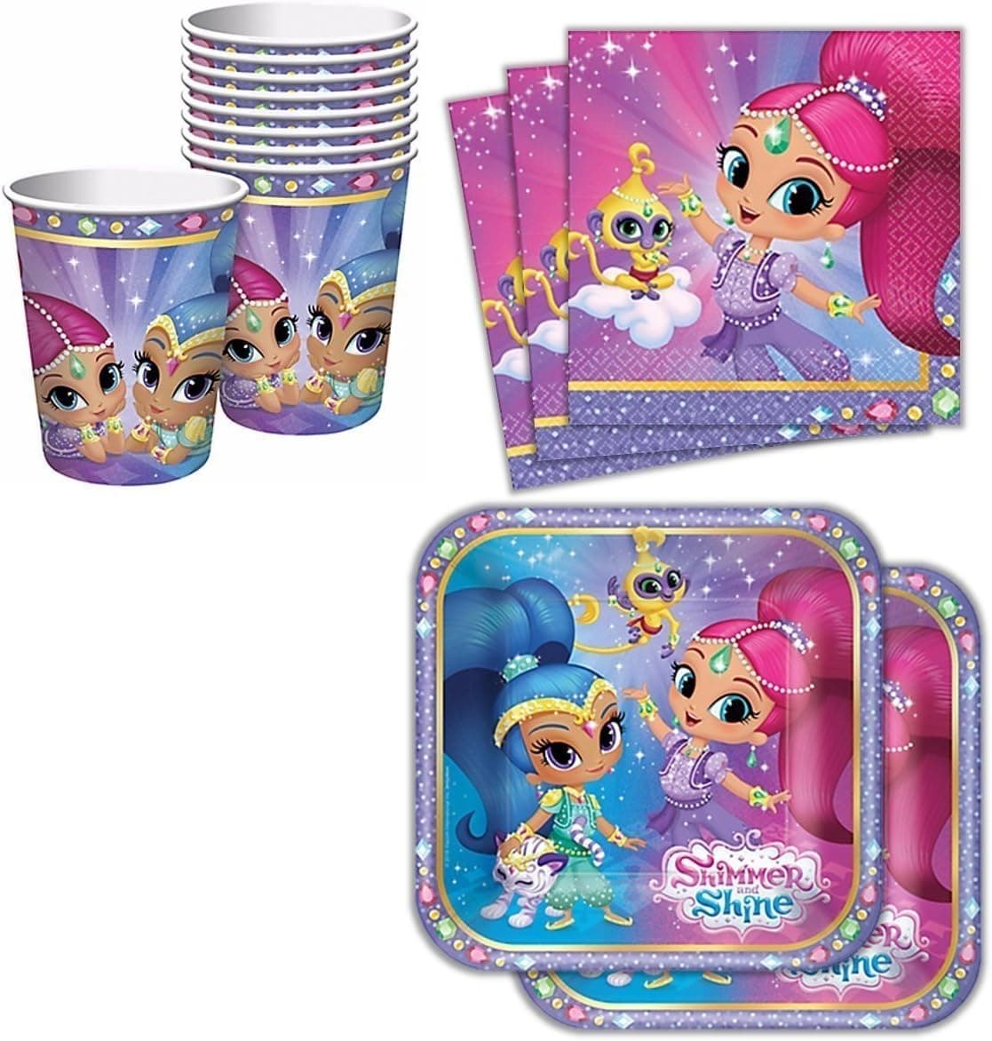 amscan Tableware Kit for 16 Shimmer and Shine Birthday Party Supplies Plates, Napkins, Cups