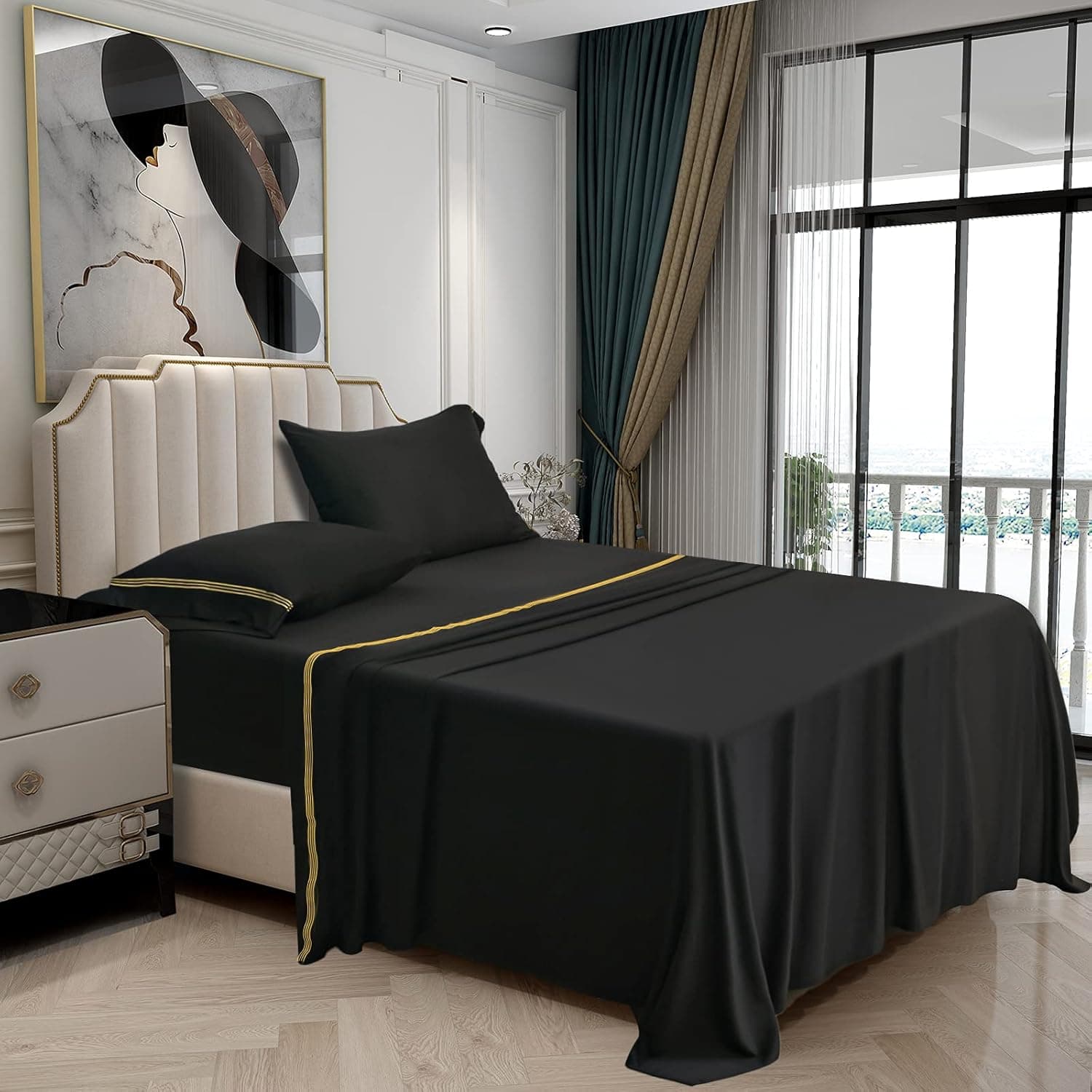 Bakumon Bamboo Sheets Set King Size Bed Sheet Set 4PCs Cooling Sheets Set with 18" Deep Pocket Fitted Sheet Luxury Bed Sheet Sets for King Bed Hotel Silky Bedding Sheets Soft Breathable Bedsheet-Black