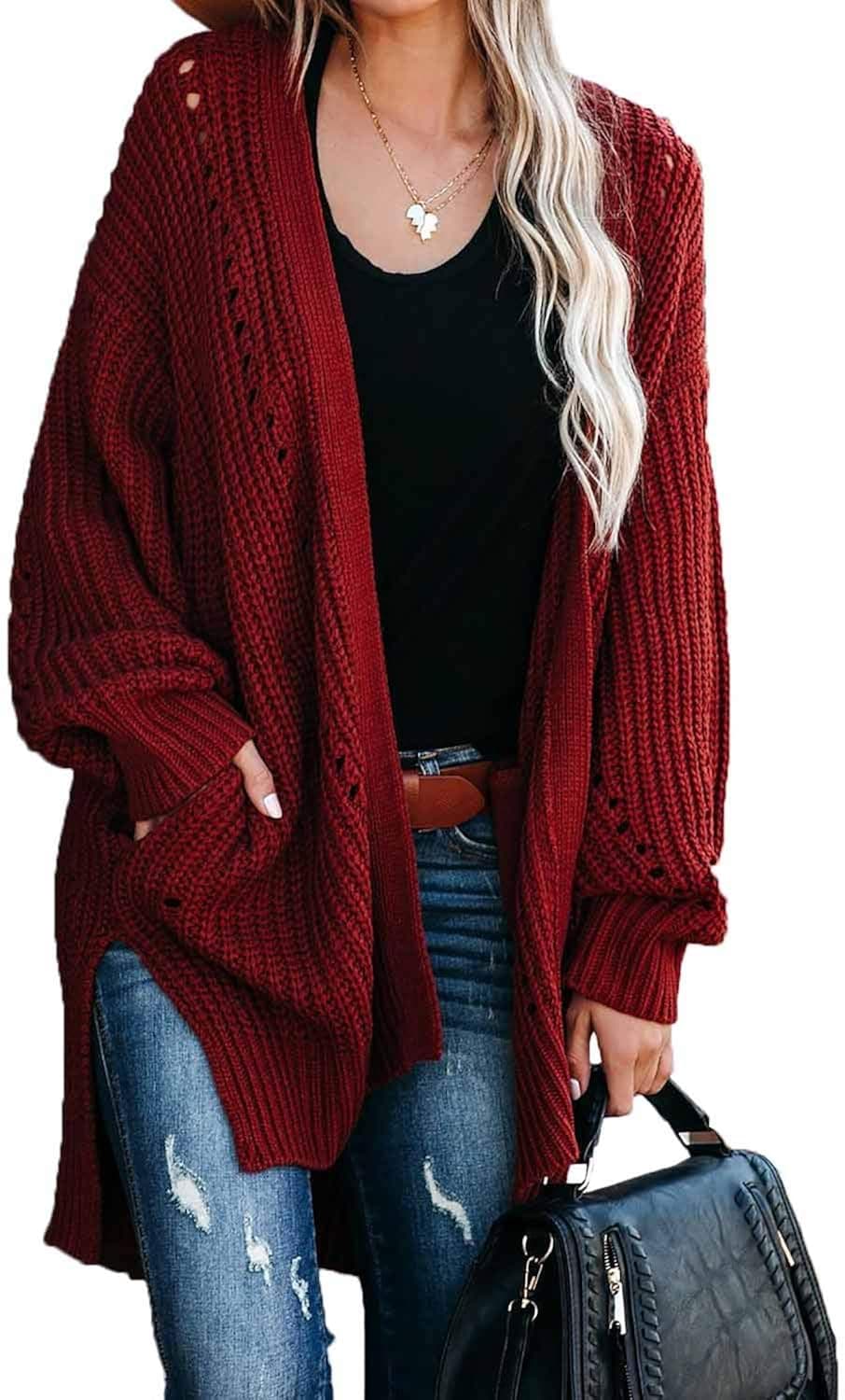 FARORO Women's Cardigan Long Sleeve Chunky Knit Sweater Open Front Cardigan Loose Outerwear with Pockets (Wine, X-Large)