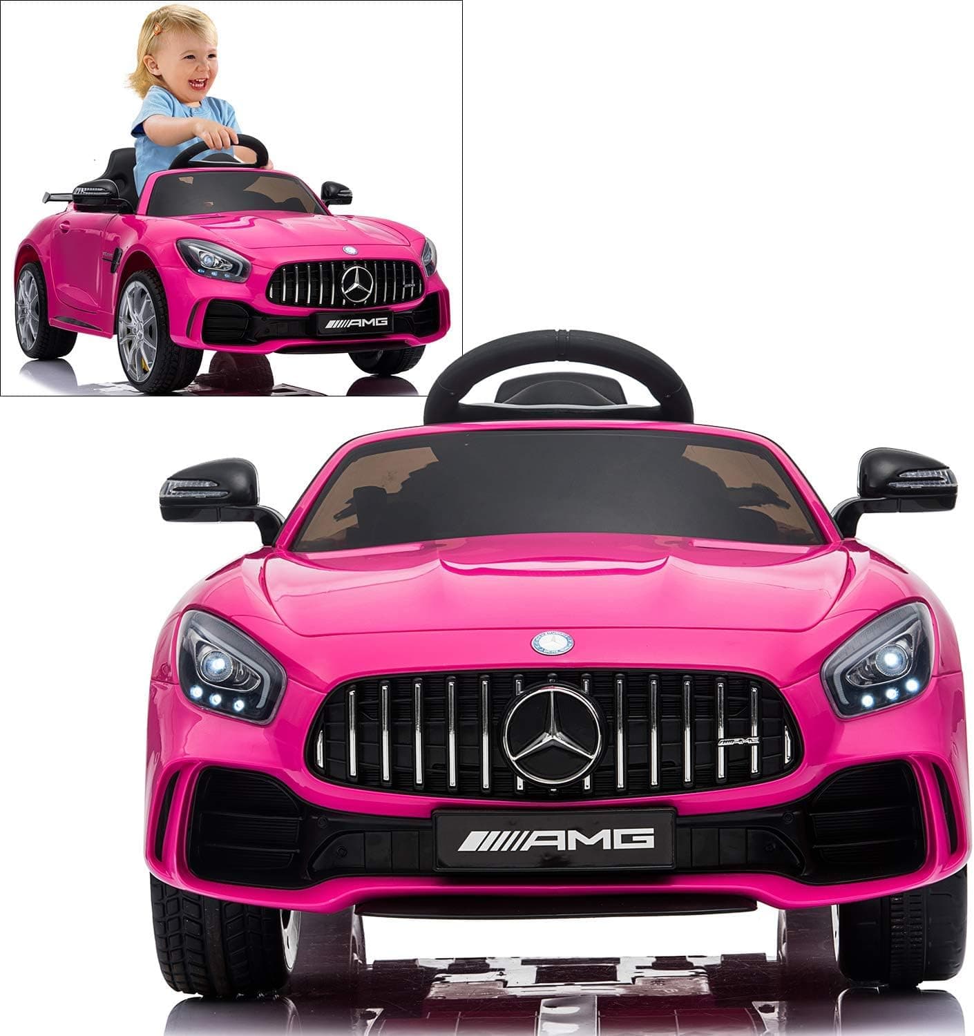 Mercedes Benz AMG GTR Electric Ride On Car with Remote Control for Kids, 12V Power Battery Official Licensed Kid Car to Drive with 2.4G Radio Parental Control Opening Doors Pink