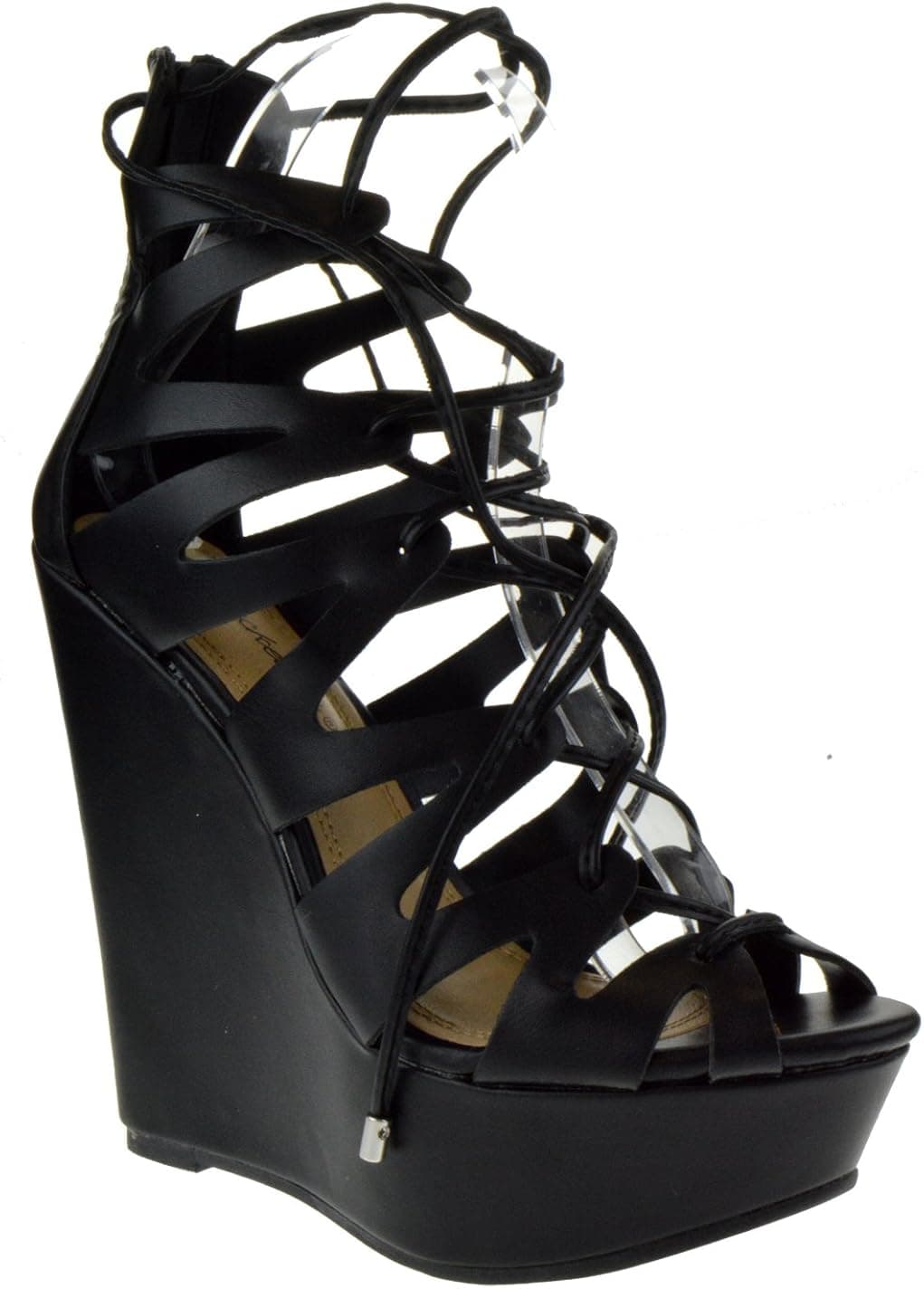 Vivi 37 Womens Strappy Tall Wedge Lace Up Sandals Black