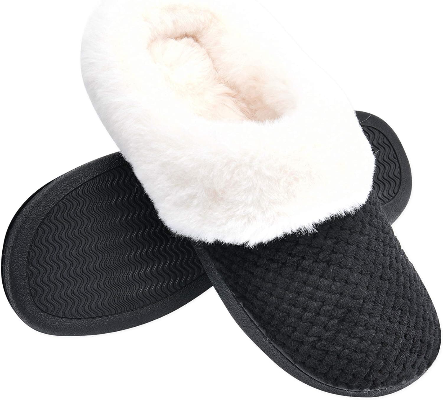 Temi Women's Soft Warm Memory Foam Slippers,Faux Fur Lined Fluffy Slip On House Shoes with Indoor Outdoor Anti-Skid Rubber Sole