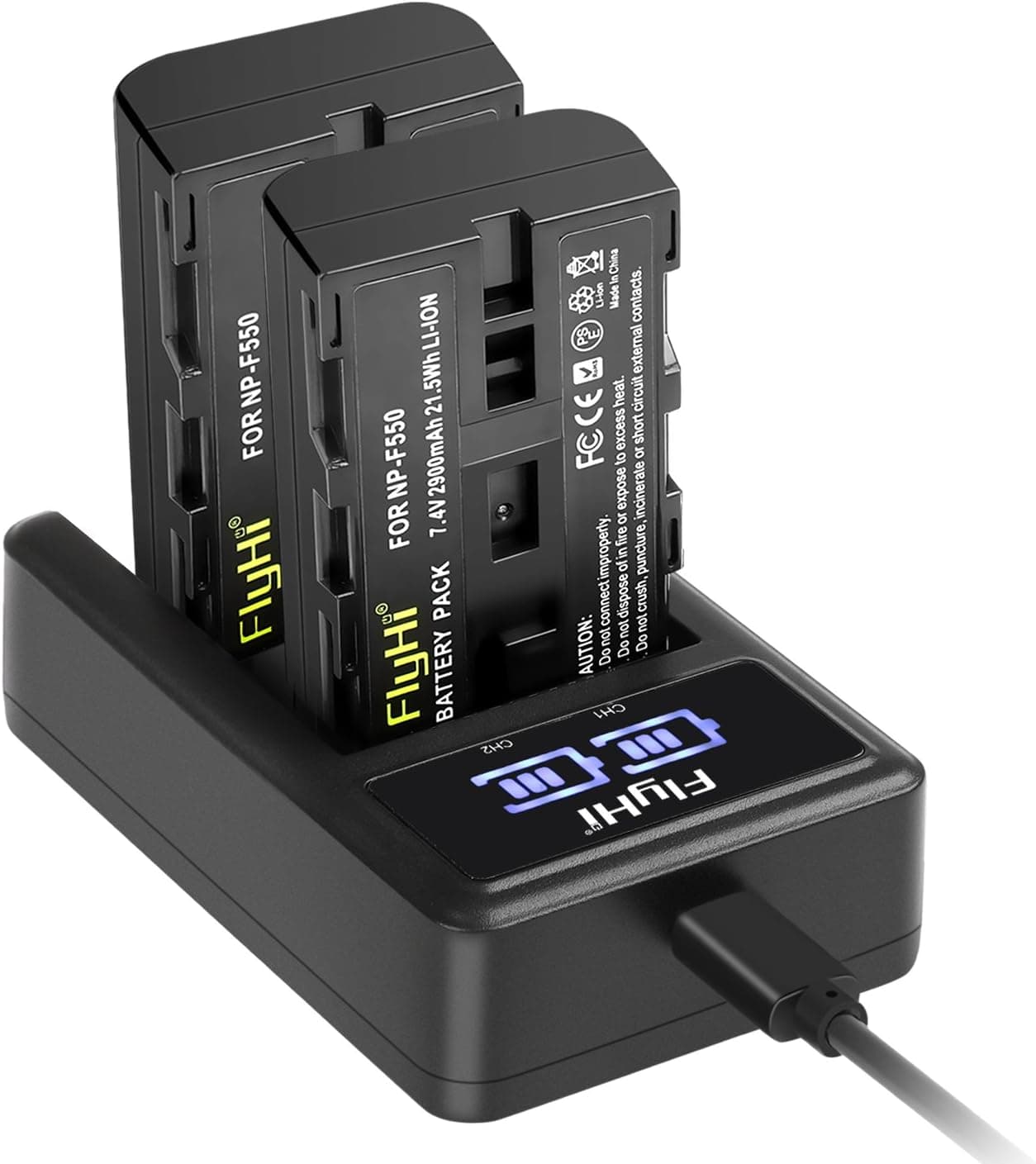NP-F550 FlyHi Replacement Battery(2-Pack) and Smart LED Dual Charger Kit for Sony NP-F550 and Sony CCD-RV100 CCD-RV200 SC5 SC9 TR1 TR940 Cameras as CN-160 CN-216 CN-304 YN 300 VL600 LED Video Light