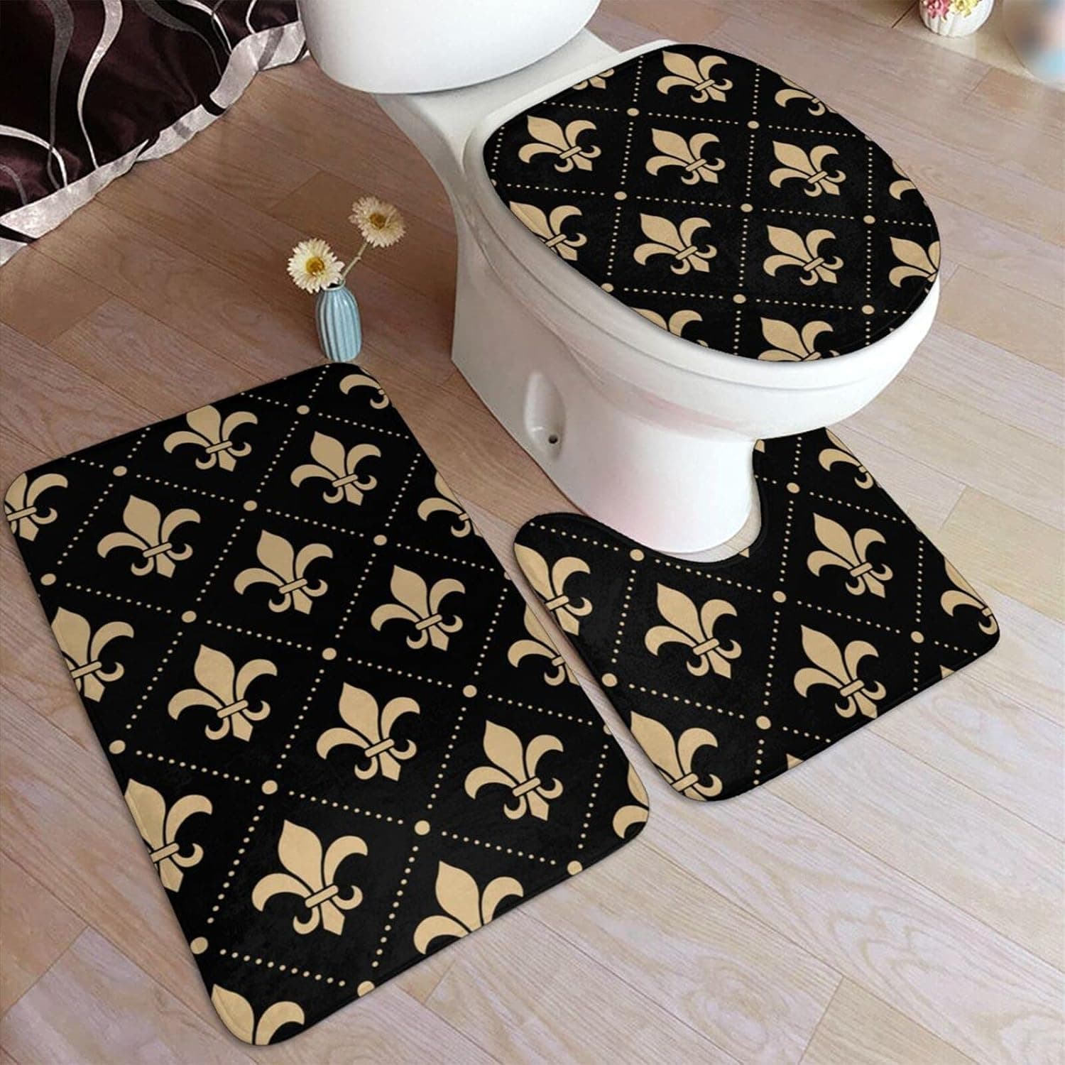 ZJHFSGMY Bathroom Rug Mats Set 3 Piece ,Black Fleur-De-Lis Soft Comfort Flannel Non-Slip Bath Mat + U Contour Rug + Toilet Lid Cover