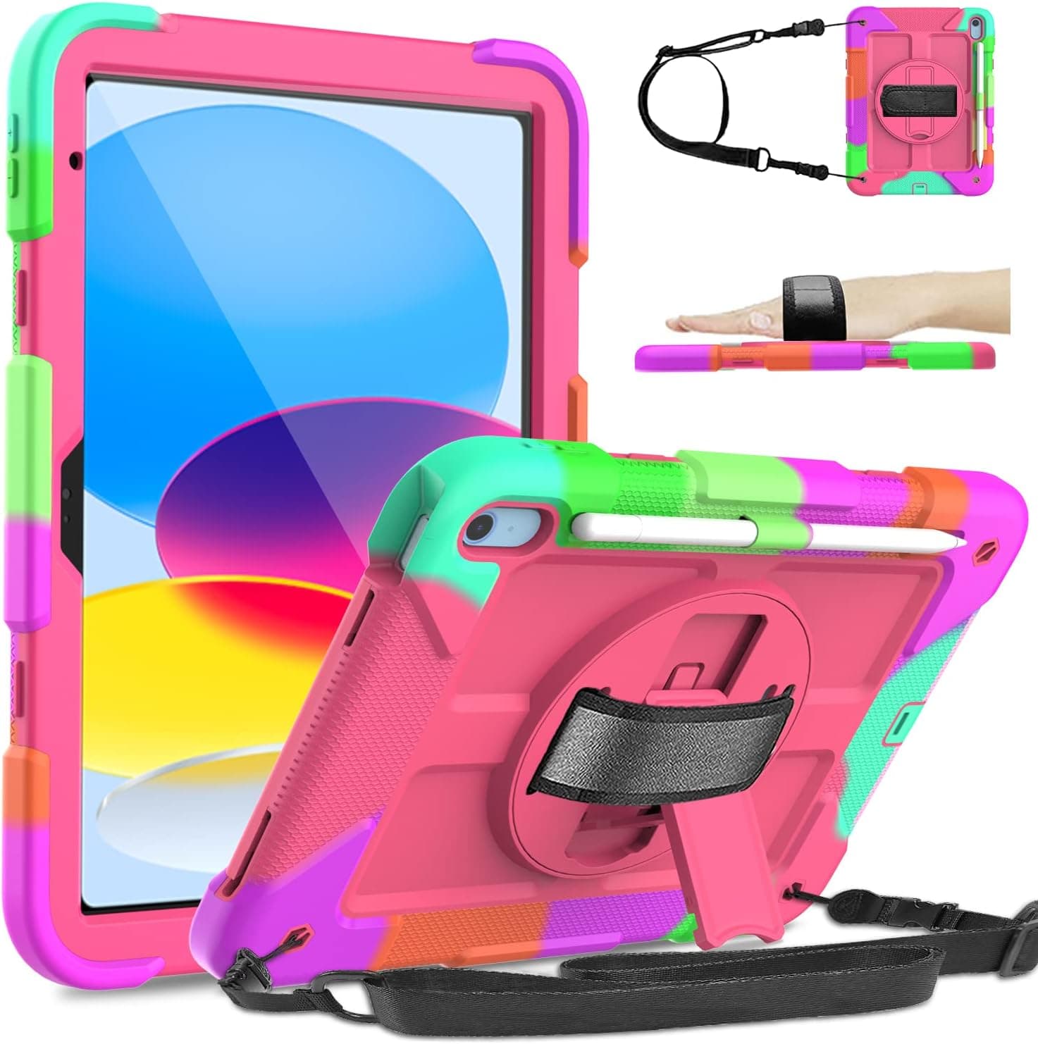TIRIN New iPad 10th Generation Case 2022, iPad 10.9 inch case with Built-in Screen Protector & Pencil Holder & Rotating Hand Strap Stand Shockproof Protective Case for iPad 10th Gen 10.9 inch, Pink