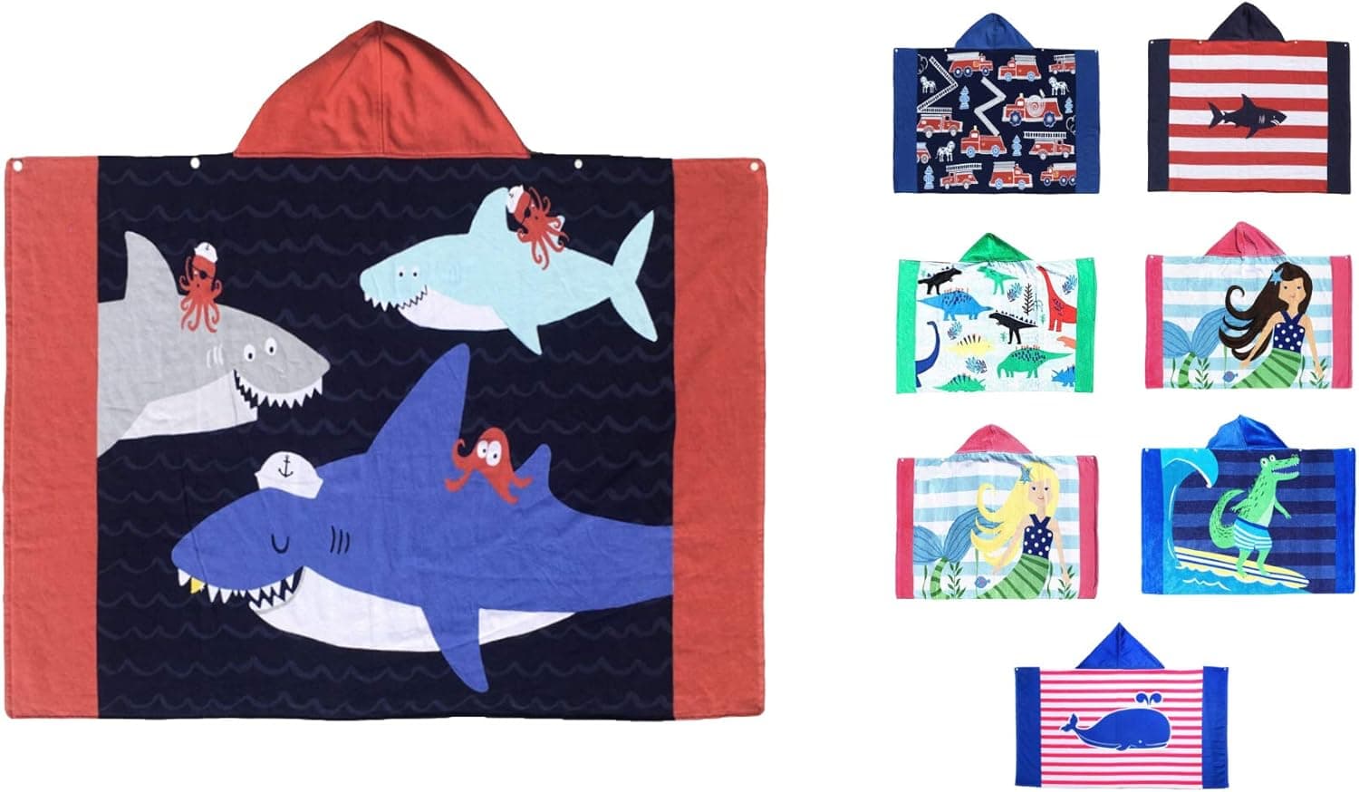 CDJ Kids BLOWOUT LIQUIDATION Premium Hooded Bath/Beach/Swim Towels | Oversized | Quick Dry | Lint Free |Super Absorbent | Super Soft | Light-Weight | Fade Resistant | 8 Fun Designs (Three Sharks)