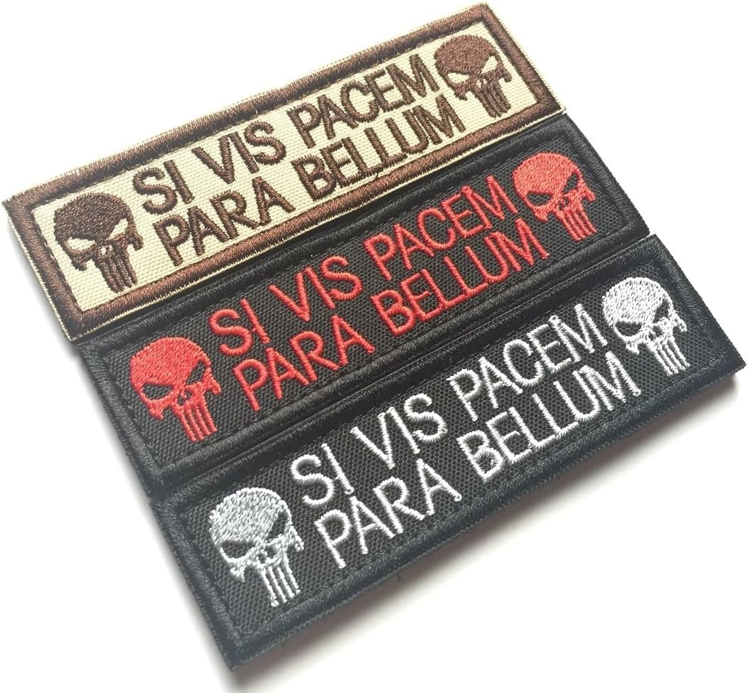 Bundle 3 pieces Set of patches tactical Punisher Skull Si Vis Pacem Para Bellum Military Patch Morale Patch with Hook Backside, Coyote Brown, Black with Red, Black Embroidered Patch