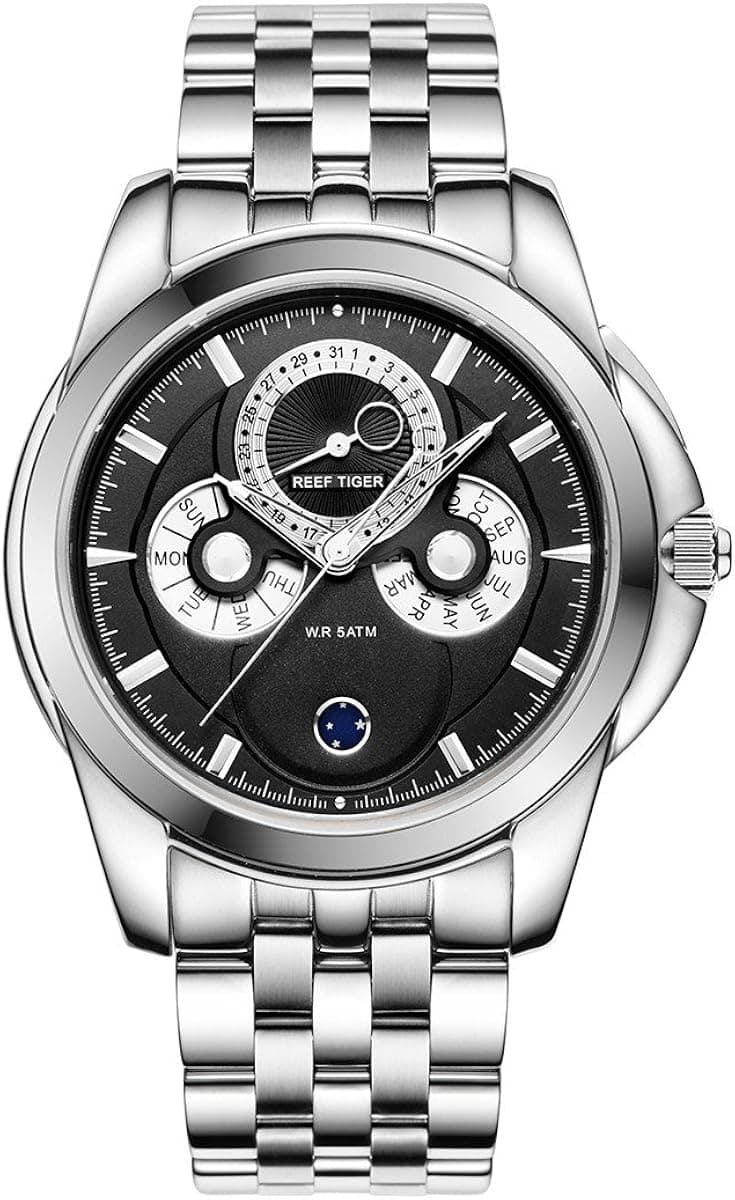 REEF TIGER Casual Mens Watch with Moonphase Date Calendar 316L Steel Black Dial Watches RGA830