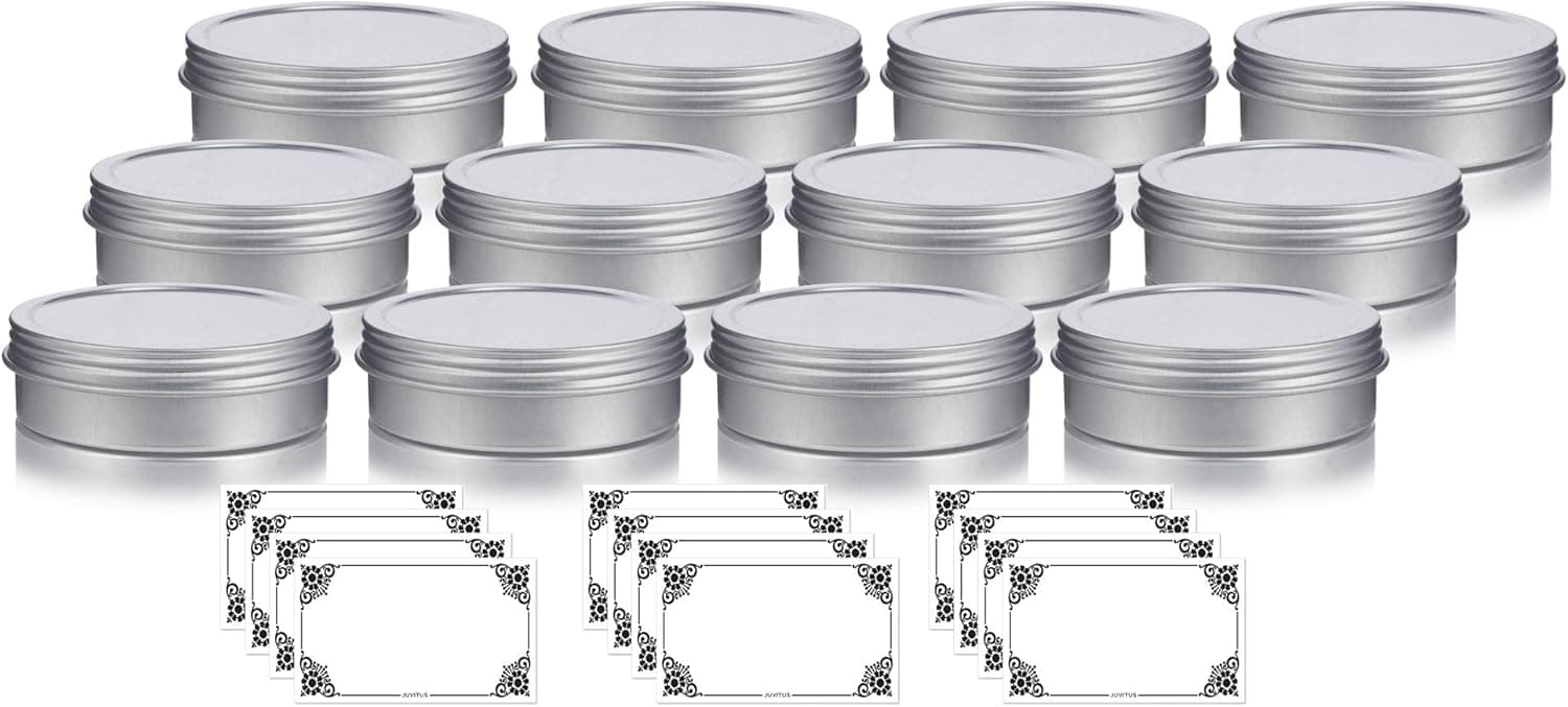 JUVITUS 8 oz Metal Steel Tin Flat Container with Tight Sealed Twist Screwtop Cover (12 pack) + Labels