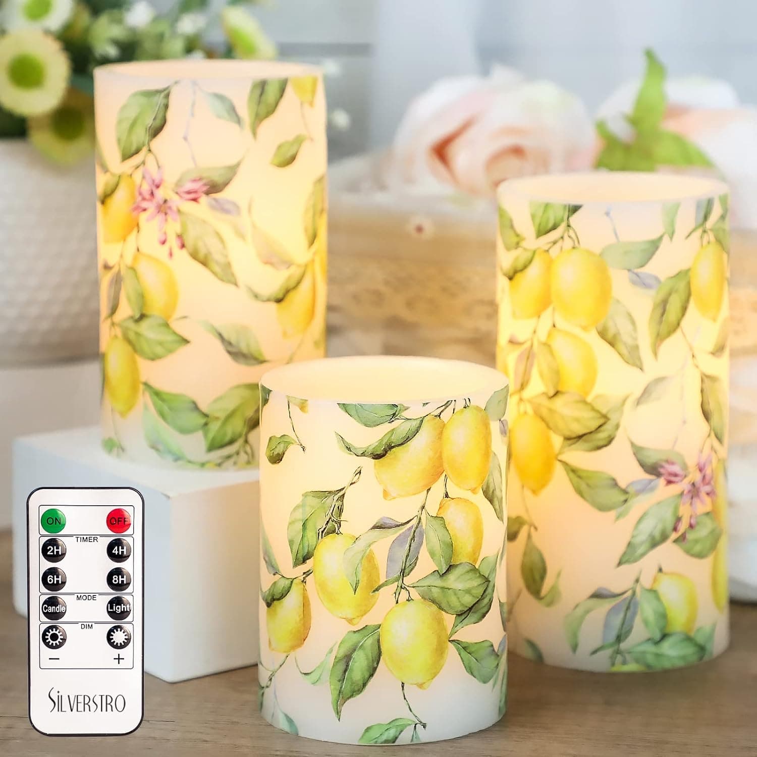 Silverstro Lemon Tree Flameless Candles: Lemon Tree Decal Real Wax LED Candles 10-Key Remote - Flickering Battery Operated Candles for Room Christmas Party Home Botanical Decor - Set of 3