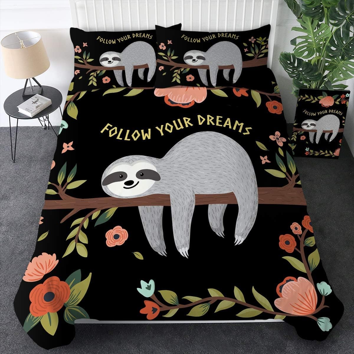 Sleepwish Sloth Bedding Twin Set for Girls Floral Sloth Black Duvet Cover Set Flowers Sloth Comforter Cover Kids Woodland Bed Sets 3 Pieces 1 Duvet Cover 2 Pillowcases (Twin)