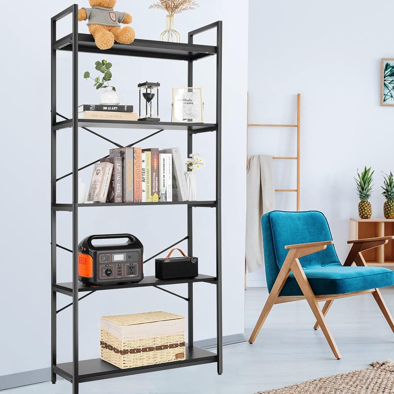 Devo Bookshelf, Wood Book Shelf Farmhouse Storage Shelves, 5 Shelf Bookcase Open Bookshelves Floor to Ceiling Bookcases Shelving Unit Free Standing Shelves for Bedroom,Office and Living Room, Black