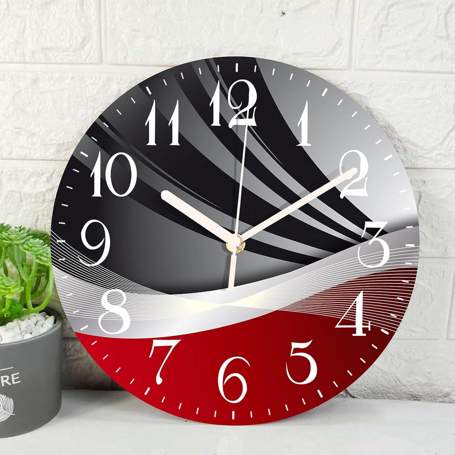 ArtSocket Wooden Wall Clock Silent Non-Ticking, Red Black Grey Irregular Geometric Grid Stripe Abstract Vintage Round Wall Clocks Decor for Home Kitchen Living Room Office, Battery Operated(12 Inch)