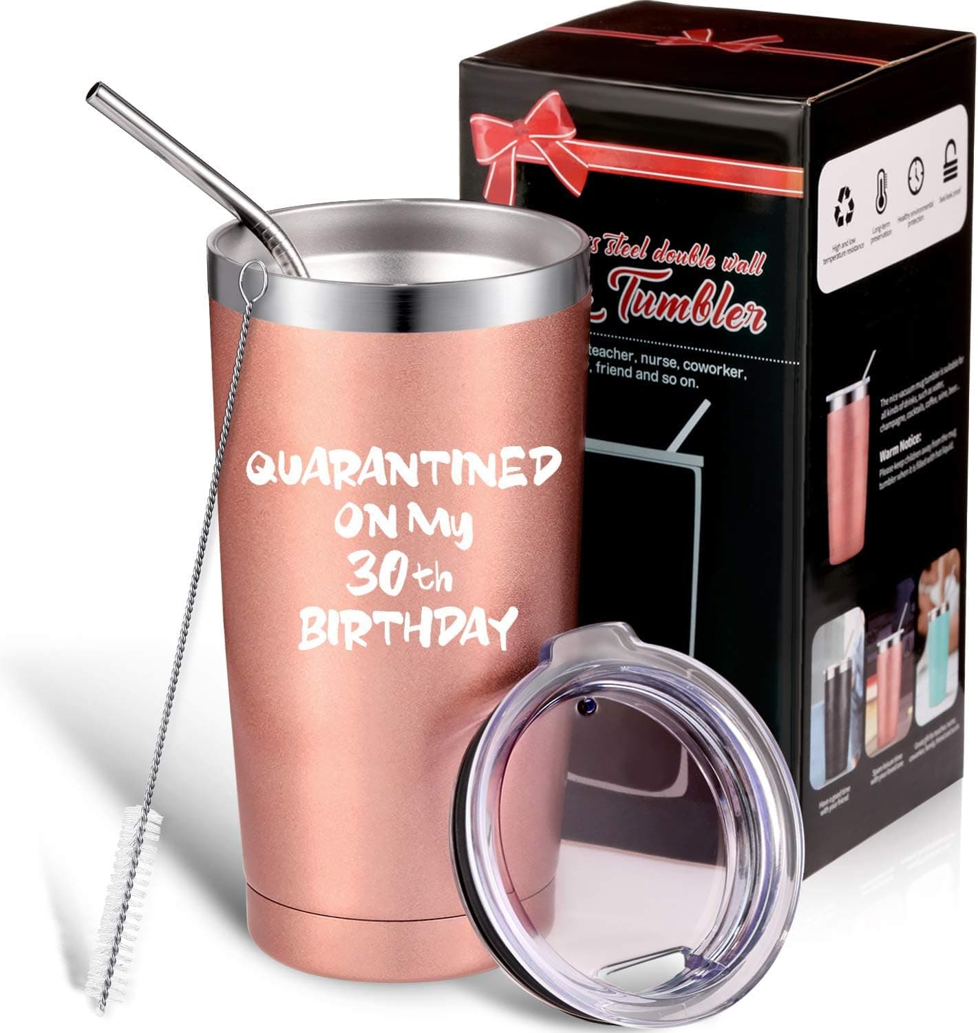 Funny 30th Birthday Gift Social Distancing Gift for Women, Quarantined On My 30th Birthday, 20 oz Double Wall Vacuum Insulated Mug Tumbler with Lid, Straw and Pretty Box