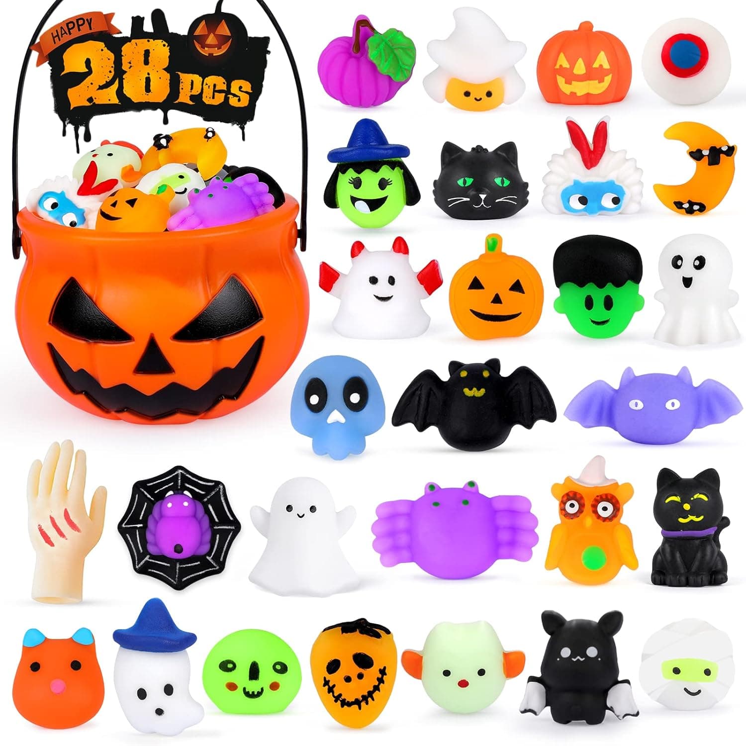 WITALENT 28pcs Halloween Mochi Squishy Toys with Pumpkin Bucket Kawaii Squishies Toy in Bulk Halloween Party Favors Trick or Treat Goodie Bag Fillers Stress Relief Toys Gifts for Adults Kids