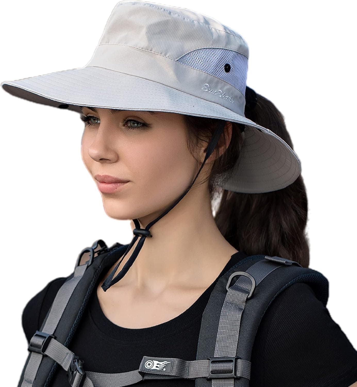 Women's Sun Hat Ponytail-Hole Fishing Hat Beach Hat UV Protection Foldable Hat for Outdoor Yard Mesh Wide Brim Bucket Hat