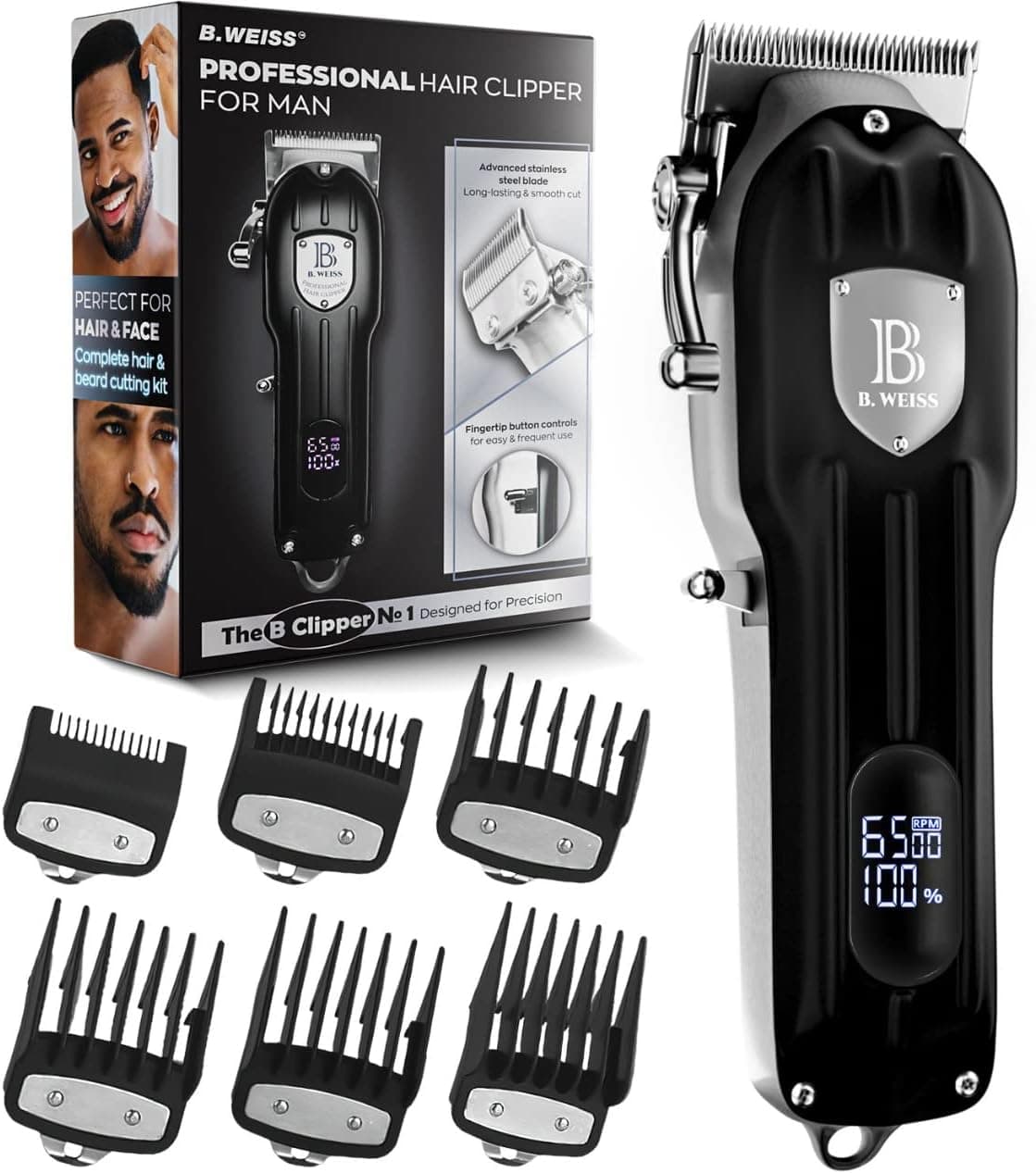 B. WEISS Professional Stainless Steel Hair Clippers for Home Use, Beginners Cordless Grooming Kit for Hair Cutting at Home, Beard, Body Hair,Rechargeable with LED Display