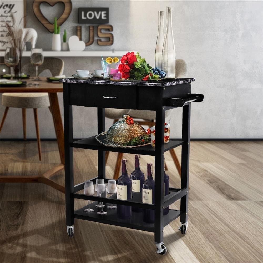 go2buy 3-Tier Wooden Faux Marble Kitchen Buffet Serving Cart Bar Wine Bottle Storage w/Lockable Wheels