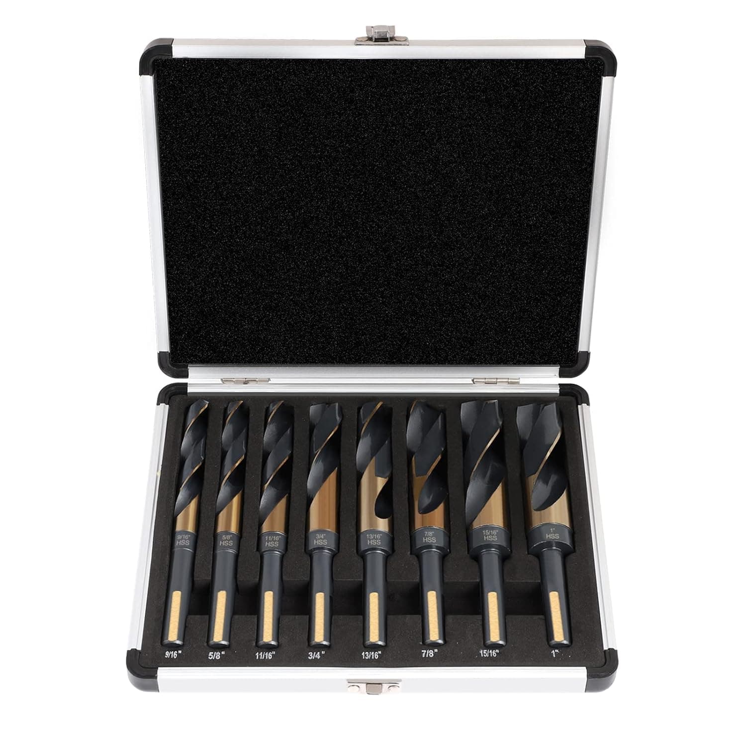 COMOWARE Reduced Shank Drill Bit Set- 1/2” Silver and Deming Large Drill Bit, 8 pcs HSS M2 Black and Gold Oxide Finish, 135 Degree Split Point, Ideal for Smooth Drilling, with Storage case
