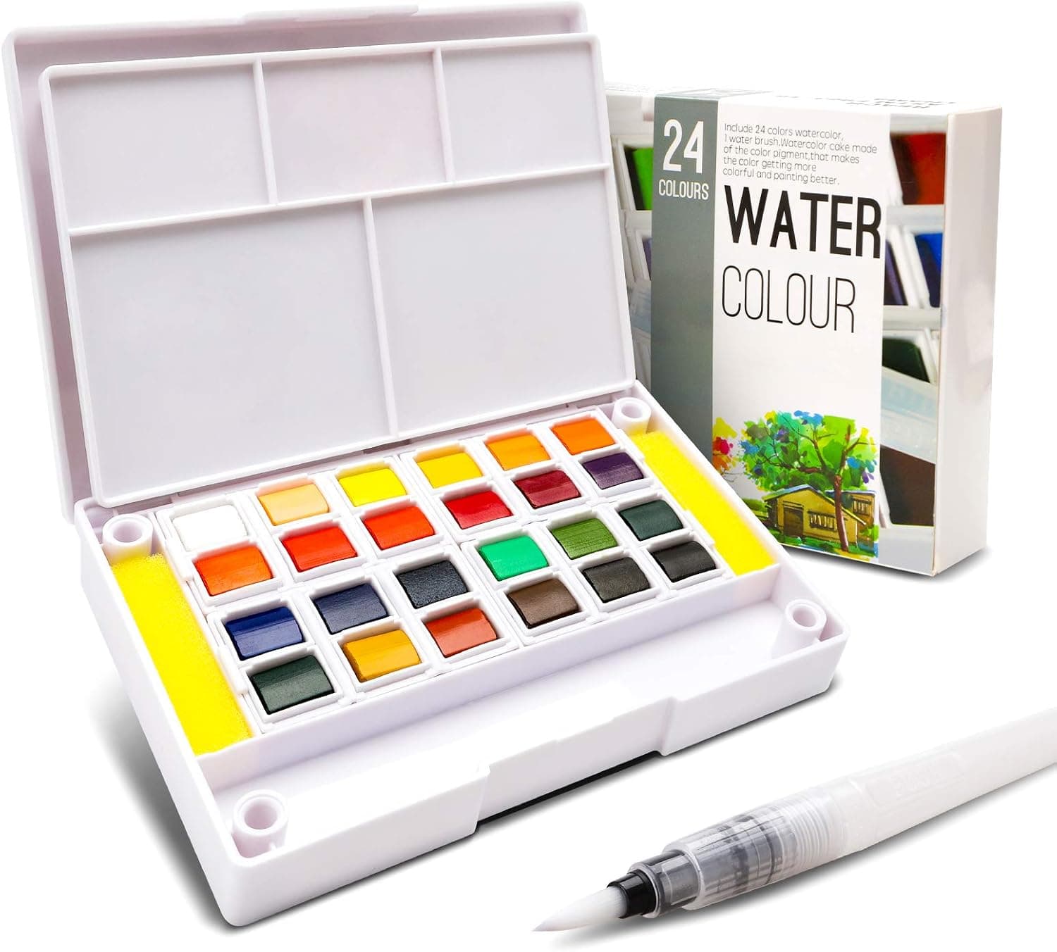 Watercolor Paint Set - 24 Colors Watercolor Paint in Half Pans with 1 Water Brush Pen and 1 Removable Palette, Drop-Proof Finger Loop Design - Portable Watercolor Kit for Kids, Adults and Artists