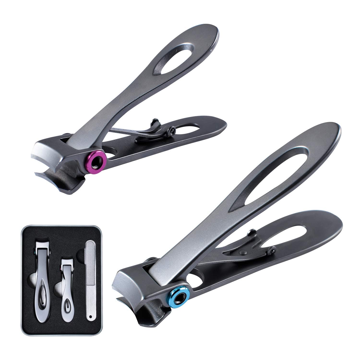 Nail Clippers Set,Silver Fingernail & Toenail Clippers & Nail File,Nail Cutter Trimmer Set with Metal Case,15mm Wide Jaw Opening,Good Gift for Women and Men