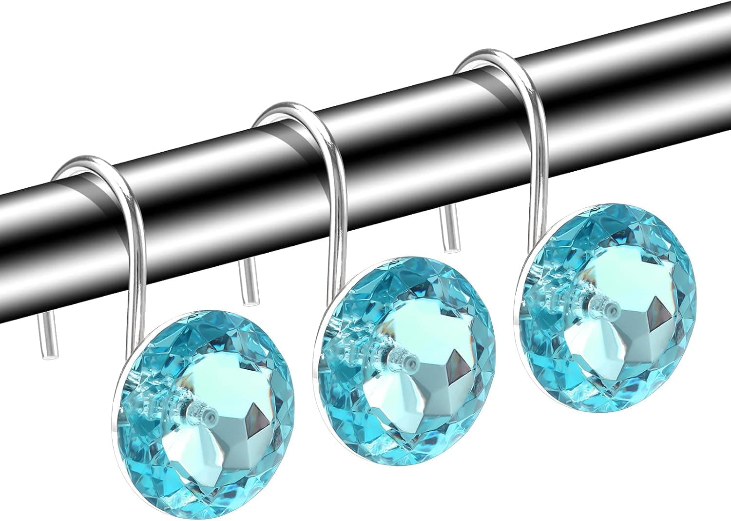 Raymall Acrylic Crystal Shower Curtain Hooks Set of 12, Shower Curtain Rings Simulation Rhinestone Decorative Rust Resistant Bath Hook (Darkcyan)