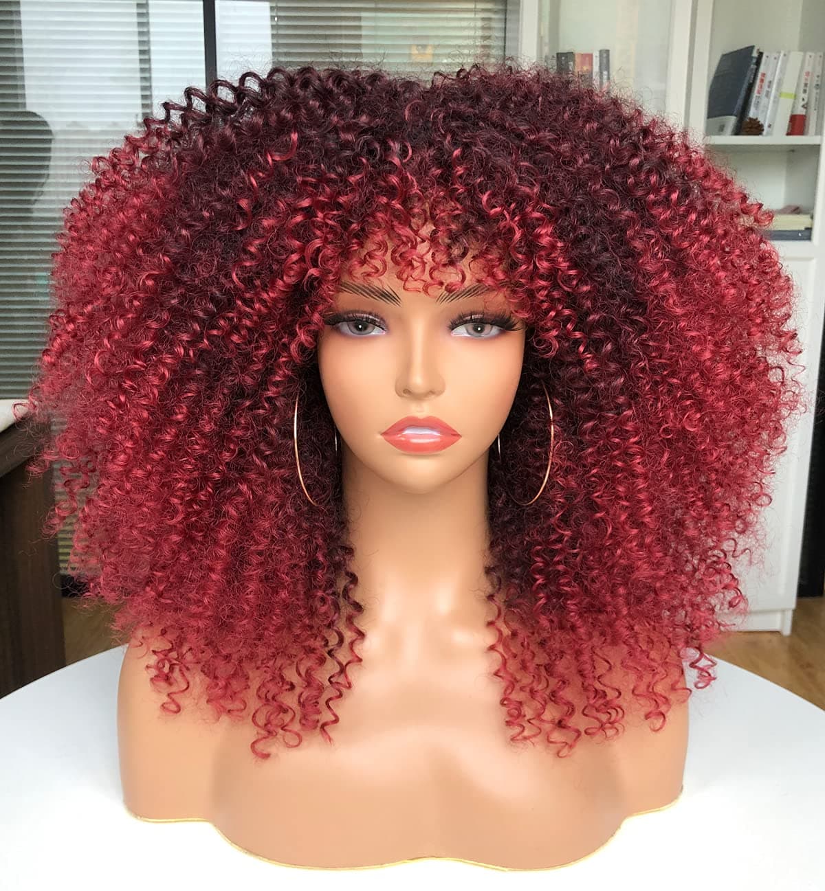 CURLCRAZY 16inch Curly Wig with Bangs for Black Women Kinky Short Curly Wig Afro Wigs(Red)