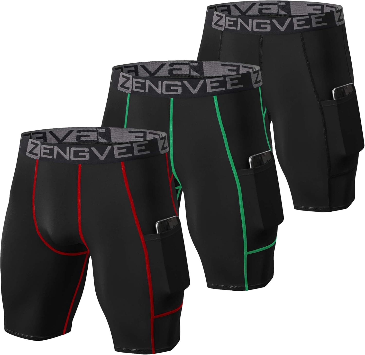 ZENGVEE Compression Shorts Men 3 Pack with Pocket Running Short Mens Gym,Swimming,Yoga,Climbing,Workout,Cycling,running