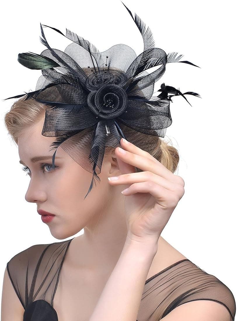Women's Fascinator Hat Flower Bead Pillbox Hat Bowler Feather Flower Hair Clip Wedding Party Hat
