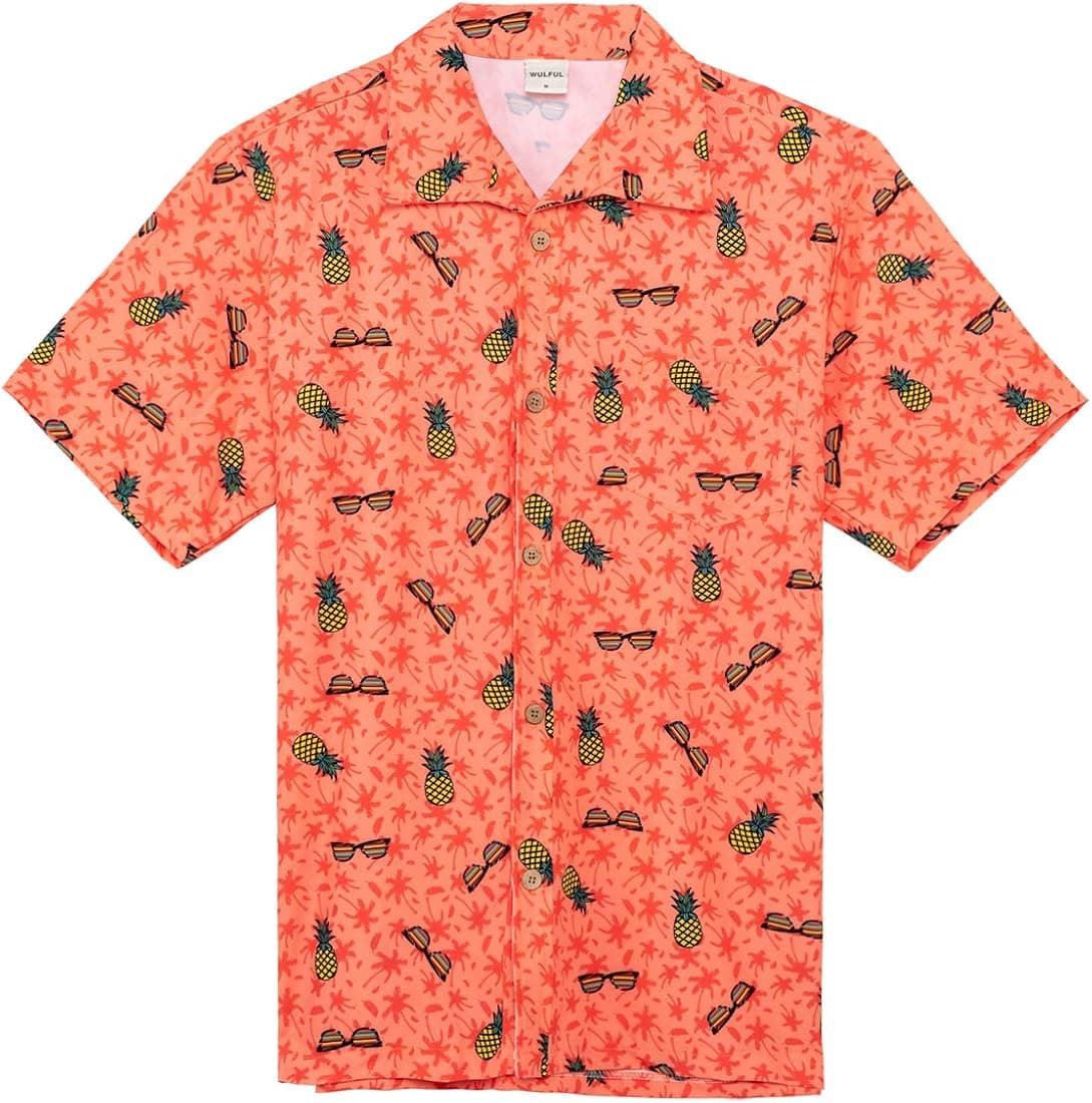 WULFUL Hawaiian Shirt Short Sleeve Stretch Regular Fit Beach Aloha Shirts