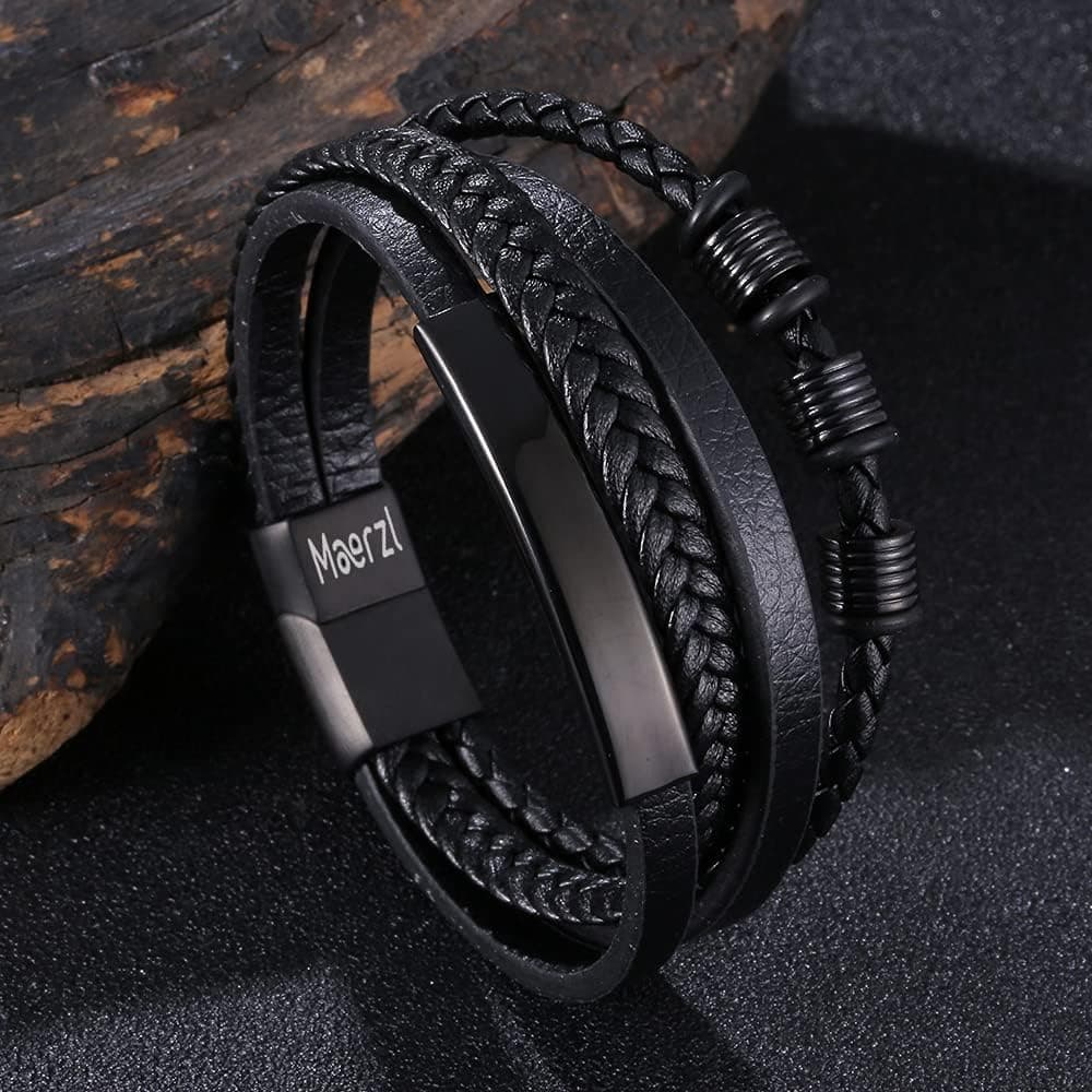 Maerzl Mens Bracelet Leather Stainless Steel Clasp Wrap Genuine Leather Braided Bracelet Wrist Cuff Bangle