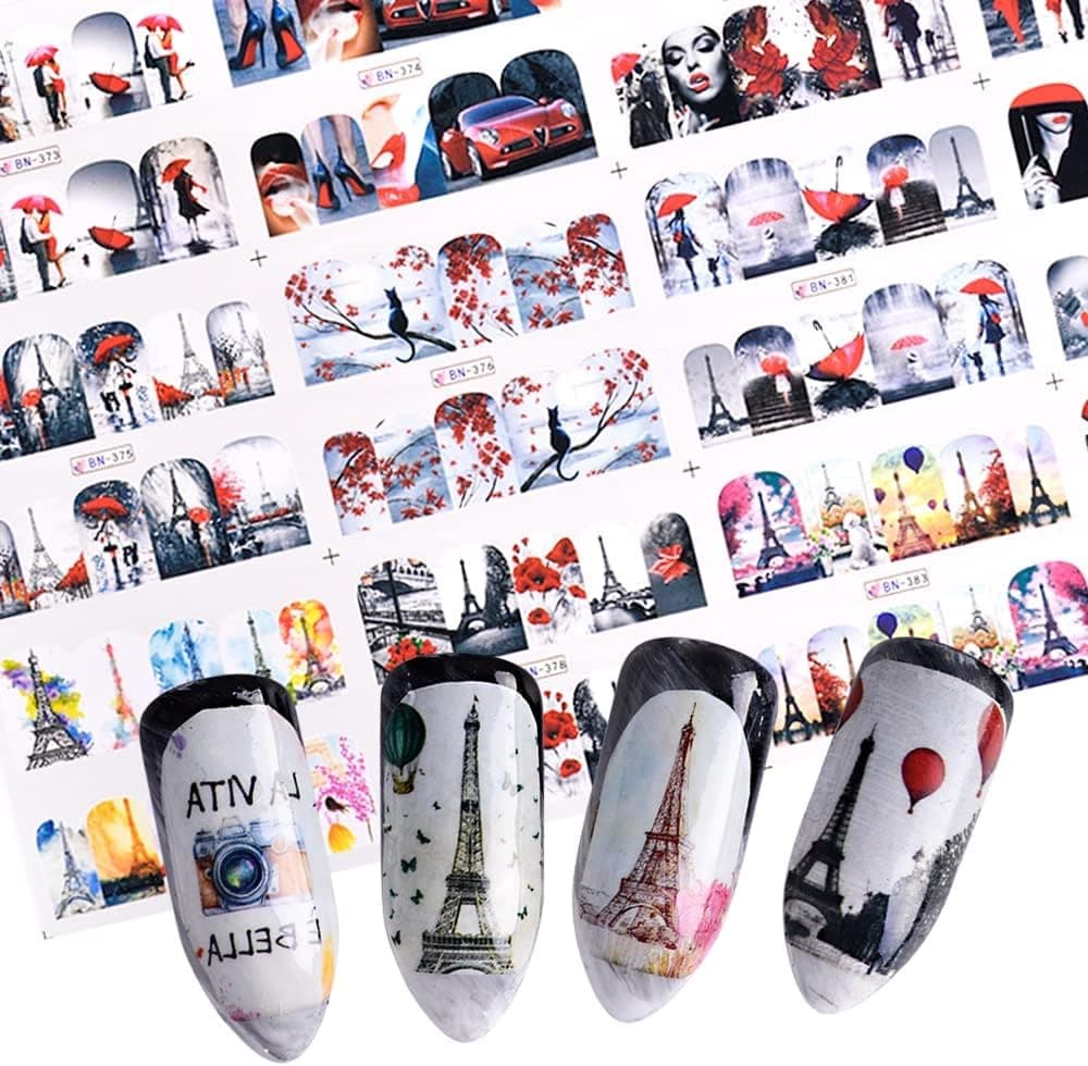 12pcs Nail Art Beauty Red Colorful Romantic Tower Umbrella Sticker Nails Decorations Watermark Wraps Valentines Gift TRBN373-384