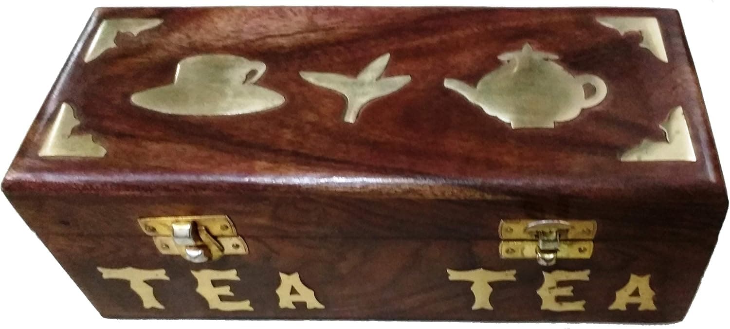 Purpledip Wooden Tea Box: 3 Compartments for Tea Bags, Sugar & Creamer (12025)